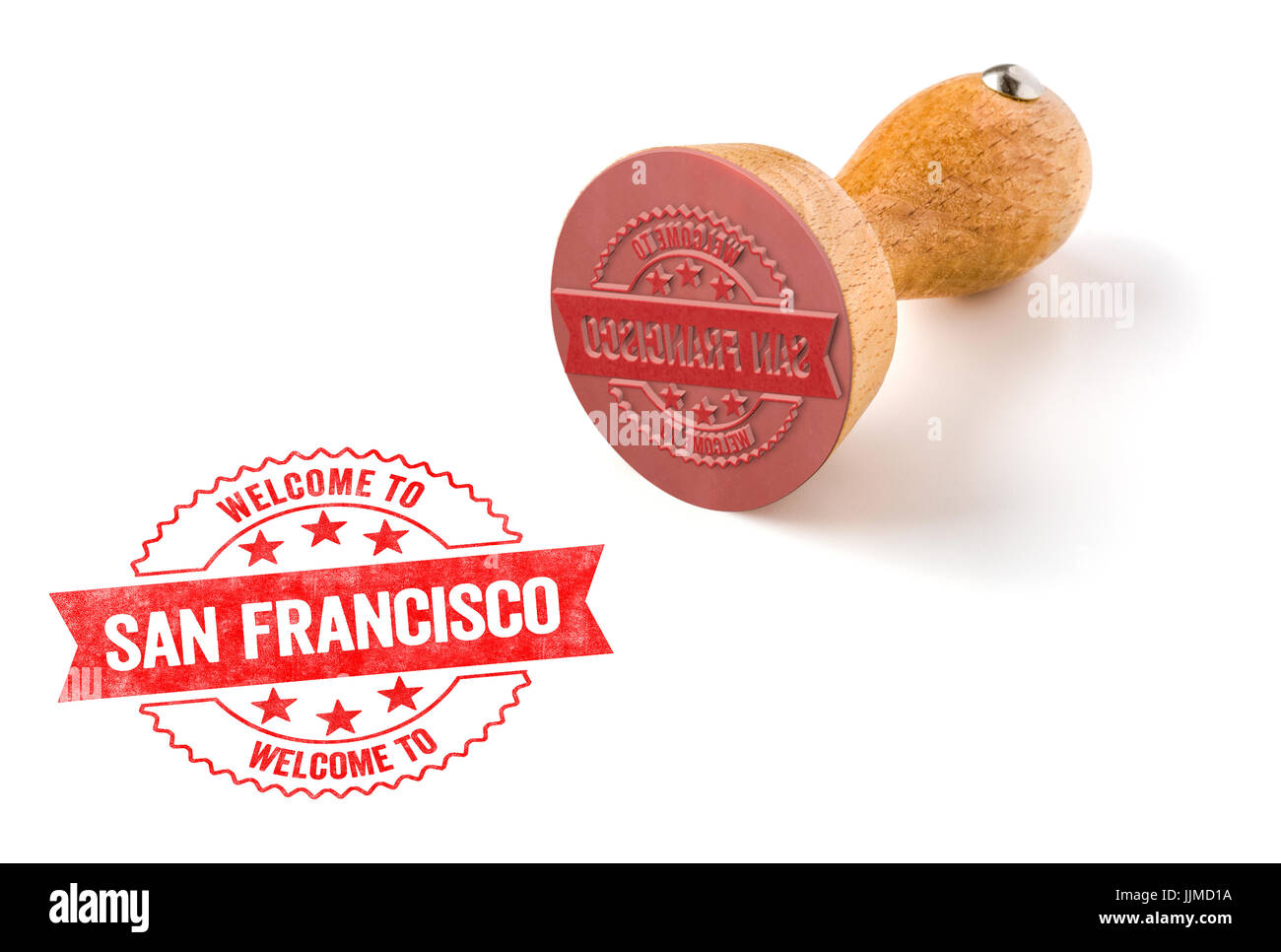 Ein Stempel auf einem weißen Hintergrund - herzlich willkommen in San Francisco Stockfoto