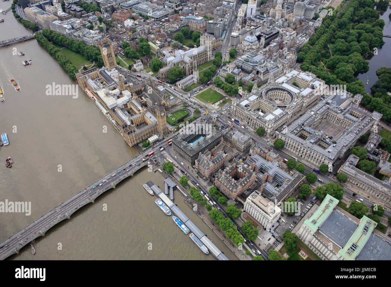 Eine Luftaufnahme des Palace of Westminster und den umliegenden Abteilungen der Regierung Stockfoto