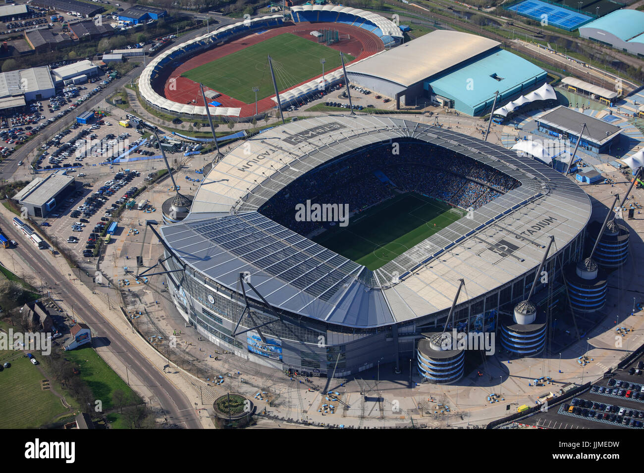 Eine Luftaufnahme des City of Manchester Stadium, Heimat des Manchester City FC Stockfoto