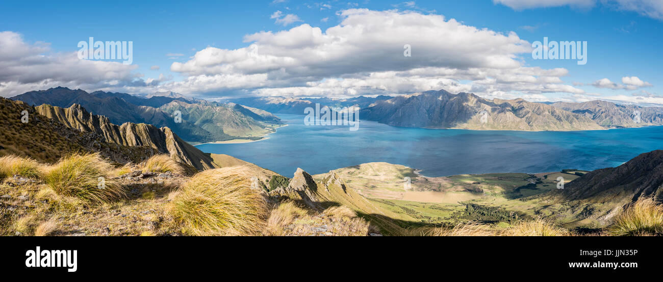 Blick auf See in den Bergen Landschaft, zerklüftete Landschaft, Lake Hawea, Otago, Südinsel, Neuseeland Stockfoto