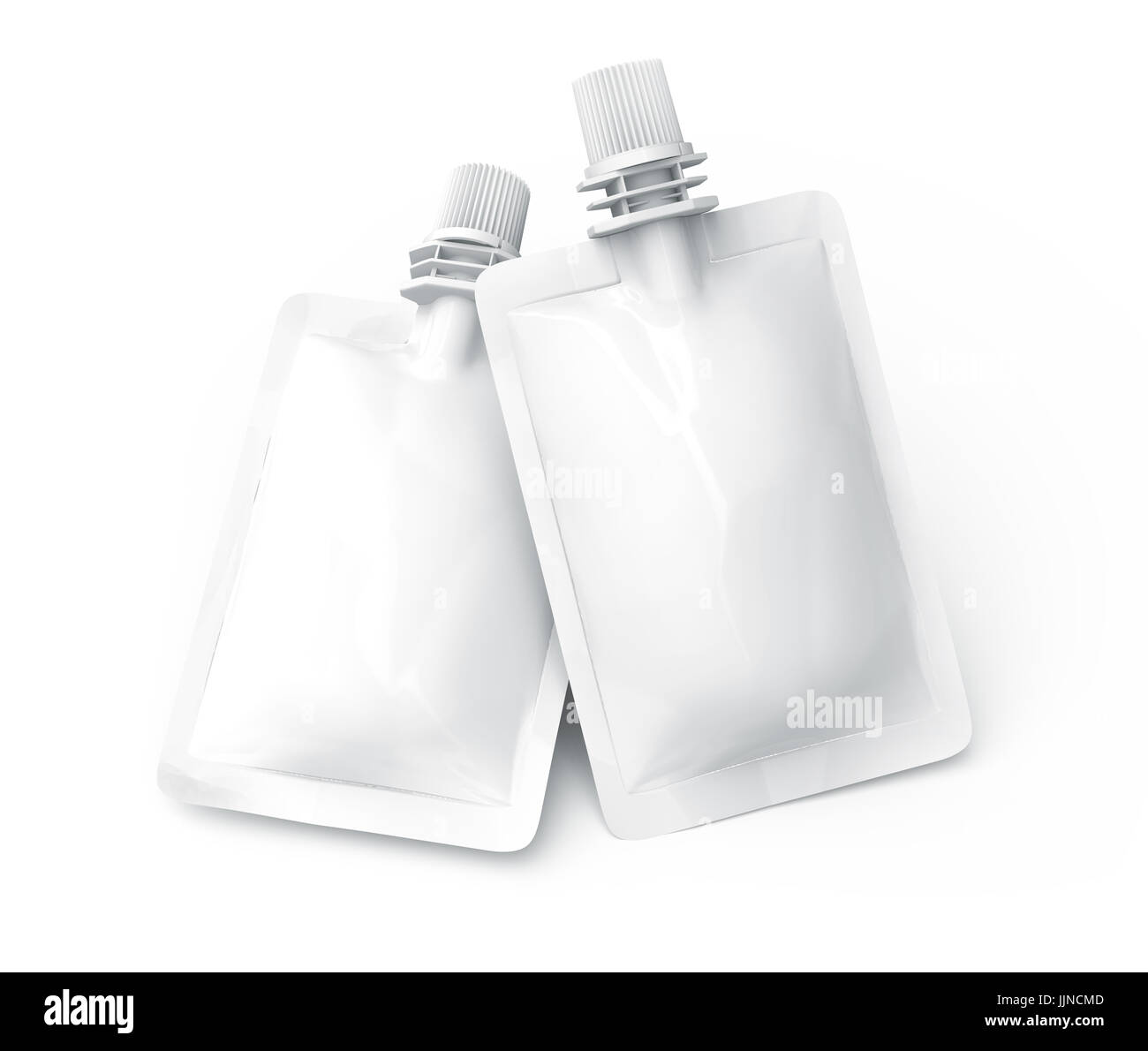 Folienbeutel für Getränk, leere Folie Tasche Modell für Getränke Design in 3D-Rendering, zwei schwimmende Beutel versiegelt Stockfoto