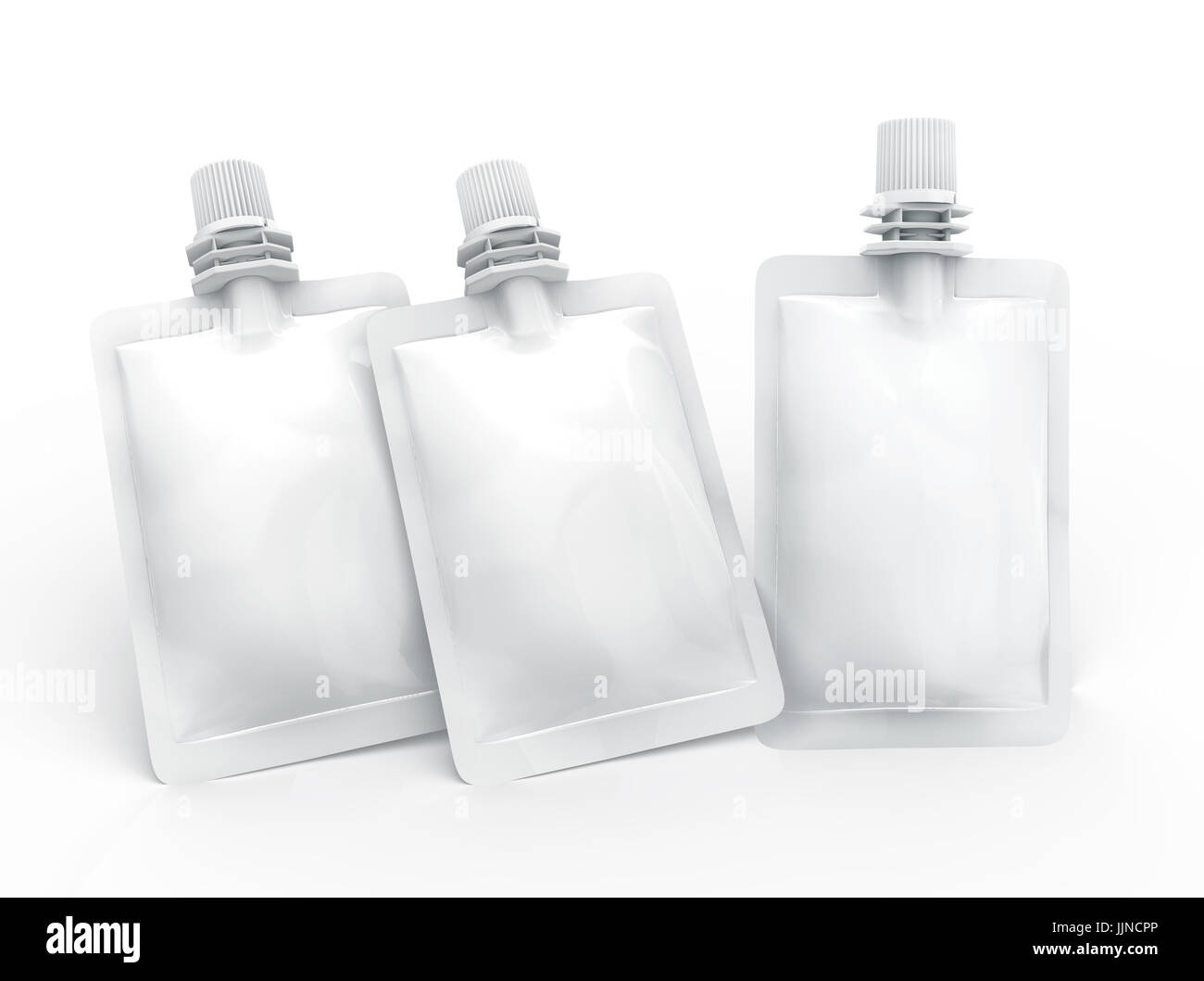 Folienbeutel für Getränk, leere Folie Tasche Modell für Getränke Design in 3D-Rendering versiegelt, erhöhten Blick auf drei schwebende Tasche Stockfoto