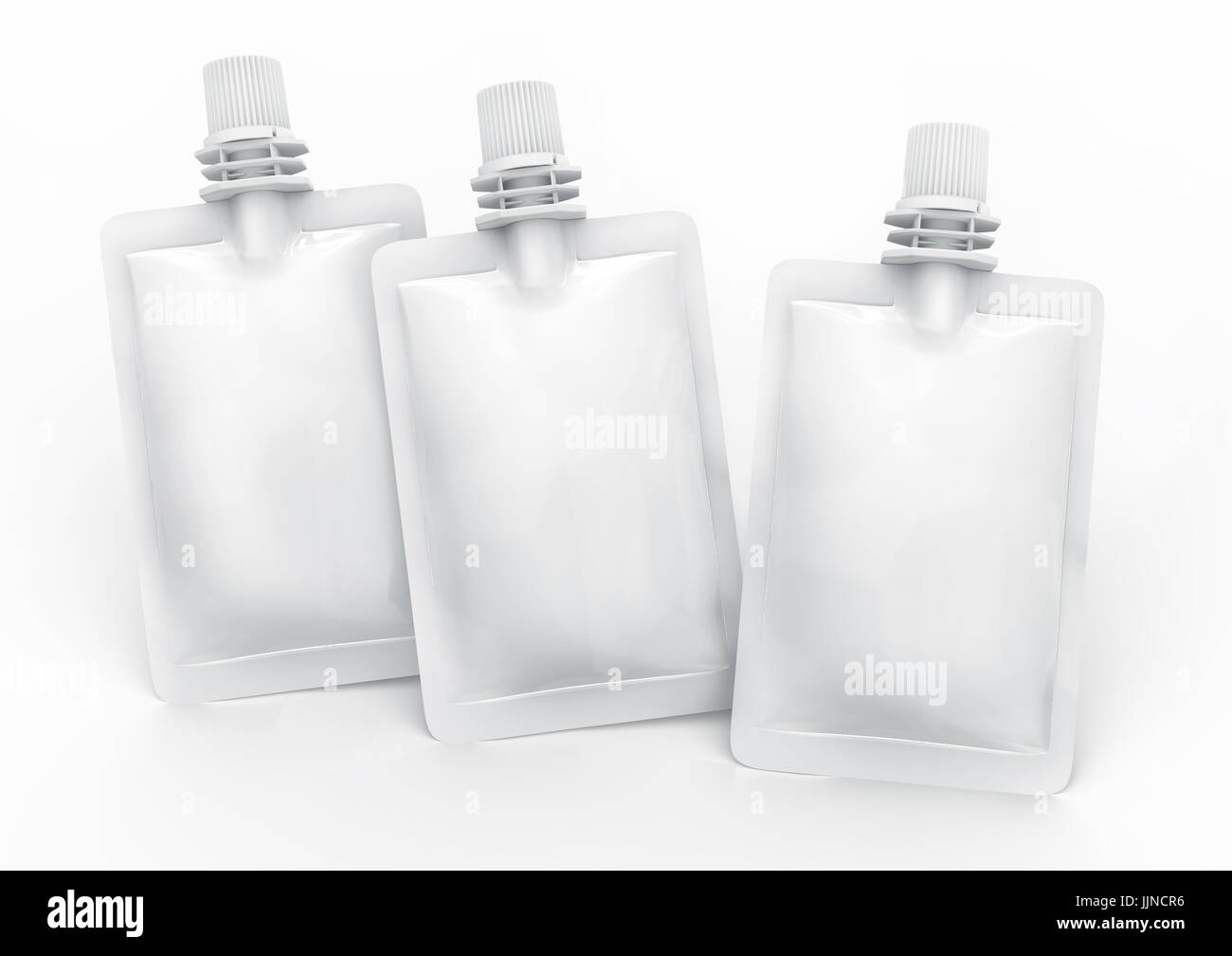 Folienbeutel für Getränk, leere Folie Tasche Modell für Getränke Design in 3D-Rendering versiegelt, erhöhten Blick auf drei schwebende Tasche Stockfoto