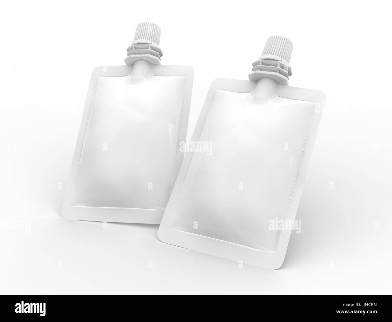 Folienbeutel für Getränk, leere Folie Tasche Modell für Getränke Design in 3D-Rendering, zwei schwimmende Beutel versiegelt Stockfoto
