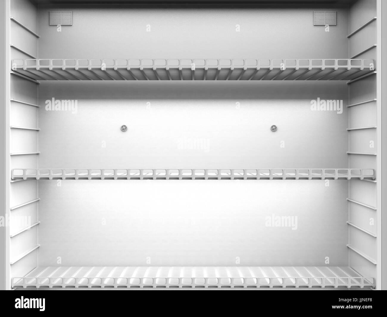 3D-Rendering Nahaufnahme leere Regale im Kühlschrank Stockfoto