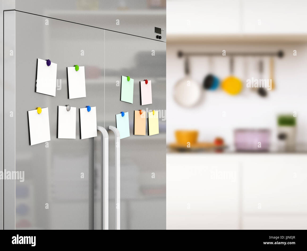 3D Rendering leer Notizen mit Kühlschrank-Magnete auf Kühlschranktür Stockfoto