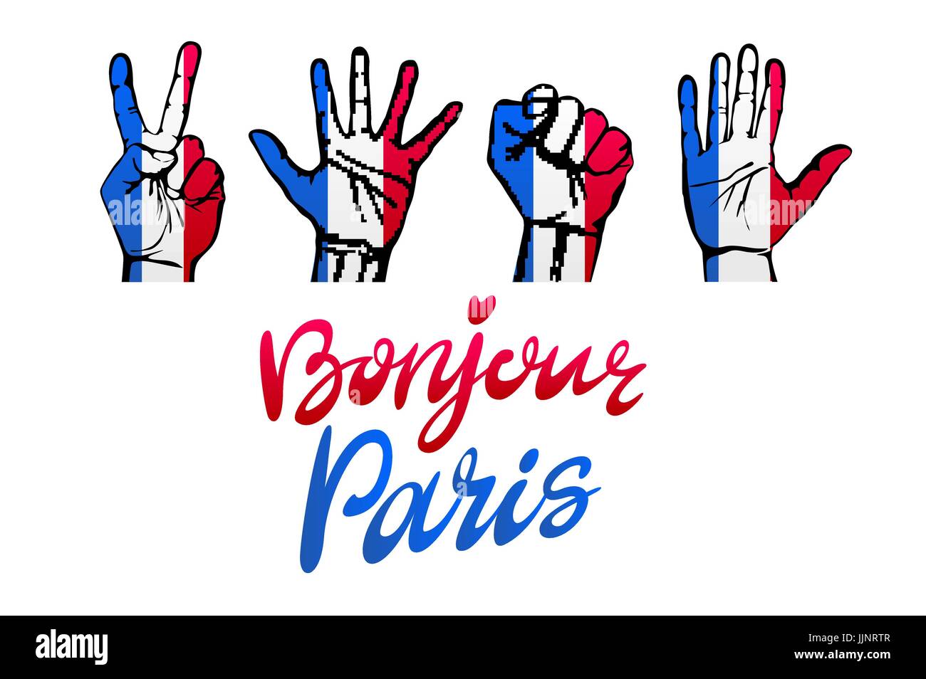 Bonjour Paris Karte. Hallo Paris Satz auf Französisch. Tinte-Abbildung. Moderne Bürste Kalligraphie. Isoliert auf weißem Hintergrund. Handgezeichnete Schriftzug desig Stock Vektor