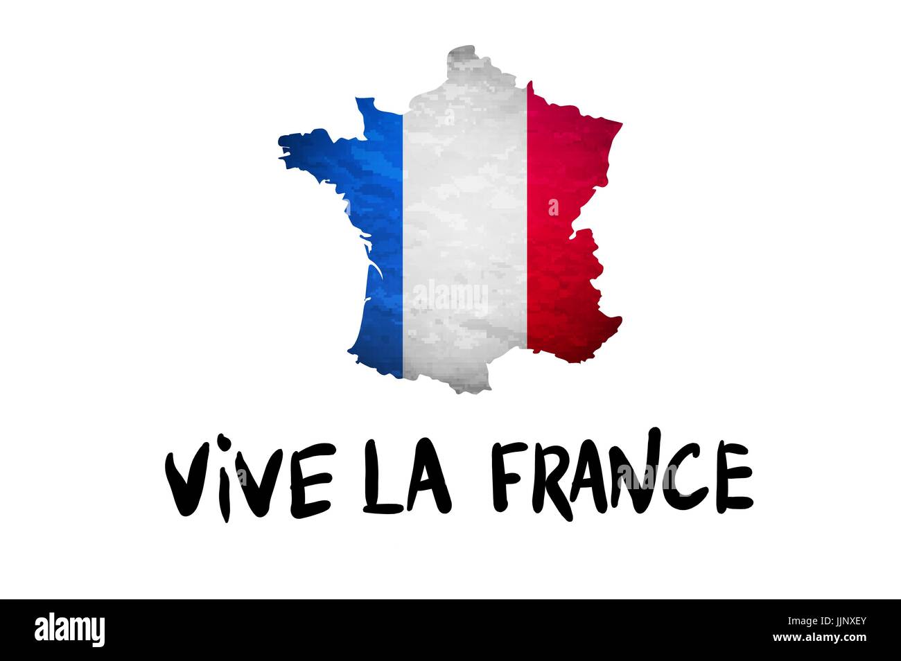 Vive la France Nachricht und französische Republik Nationalflagge überlagert, detaillierte Übersichtskarte isoliert auf weißem Hintergrund Vektorgrafiken Stock Vektor