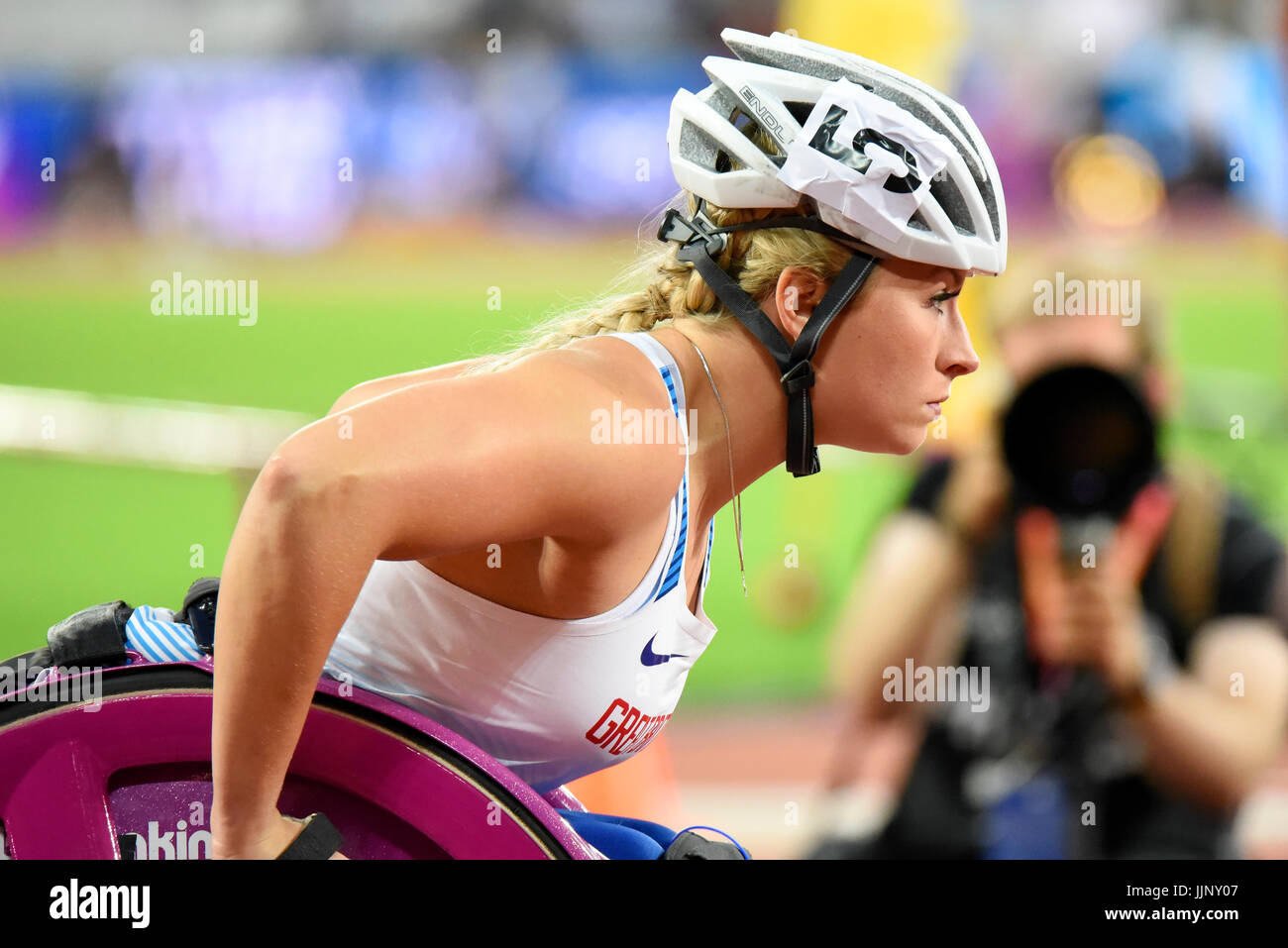 Samantha Kinghorn im Wettbewerb bei den Para Leichtathletik-Weltmeisterschaft in London-Olympia-Stadion, London, 2017. T53 final. Platz für Kopie Stockfoto