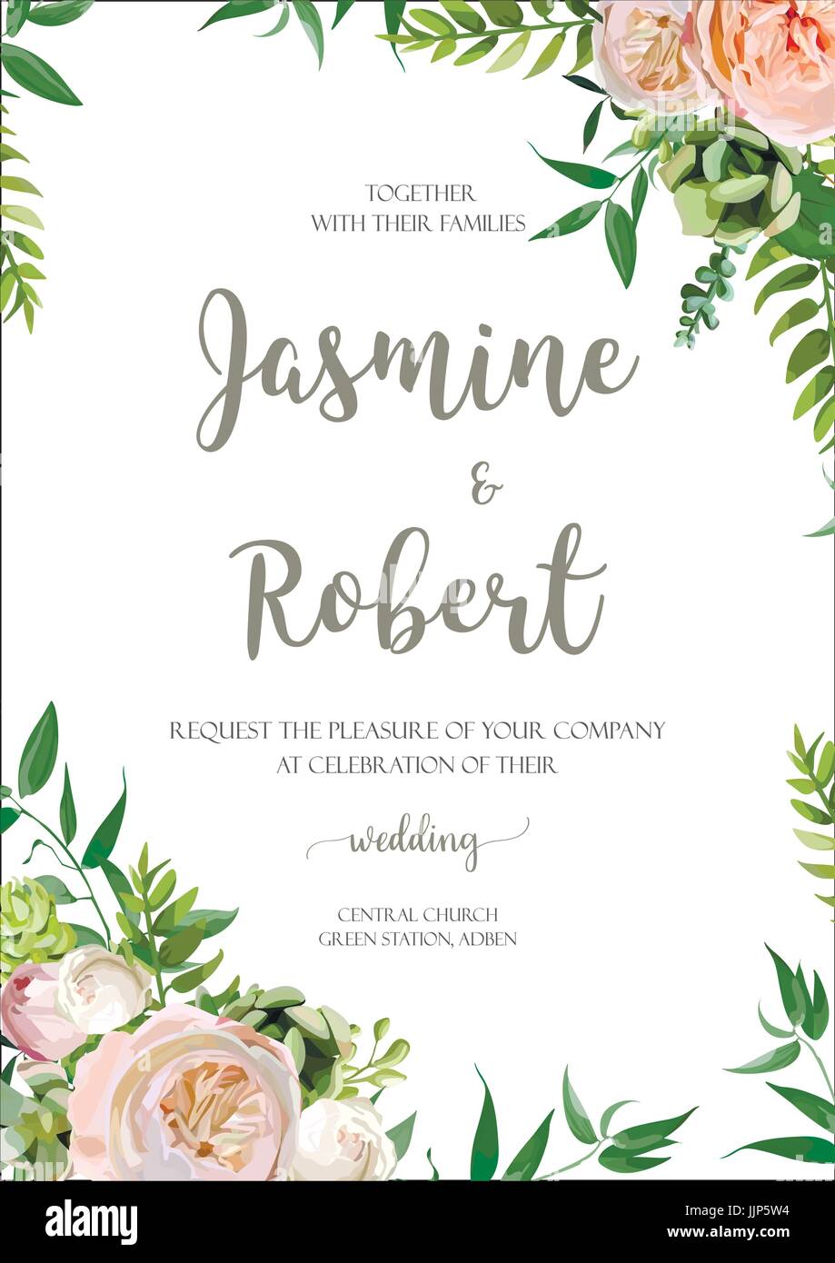 Hochzeitseinladung, stieg Blume Einladung Kartendesign mit rosa Garten grünen saftigen Kakteen, Blumen, saisonale Pflanzen Mischung romantische Poster, Banner. VECT Stock Vektor