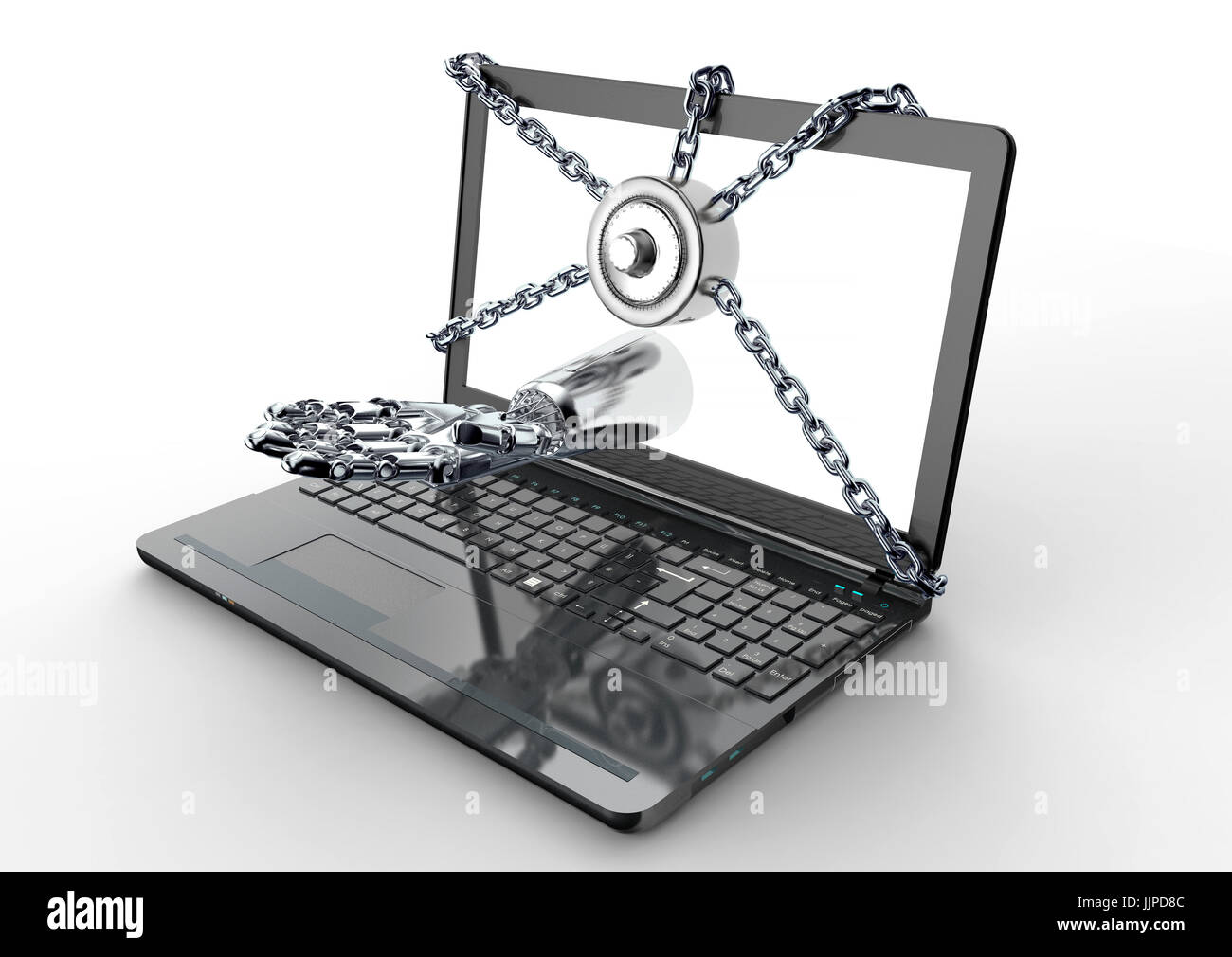 Malware oder Ransomware Angriffe Konzept Vorhängeschloss mit Robothand, Beschneidungspfad, 3d illustration Stockfoto
