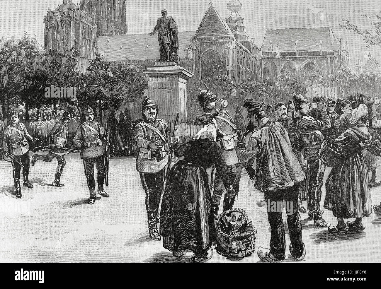 Dem ersten Weltkrieg von 1892. Englische Truppen am Verte Square, Antwerpen. Gravur in der künstlerischen Darstellung, 1892. Stockfoto