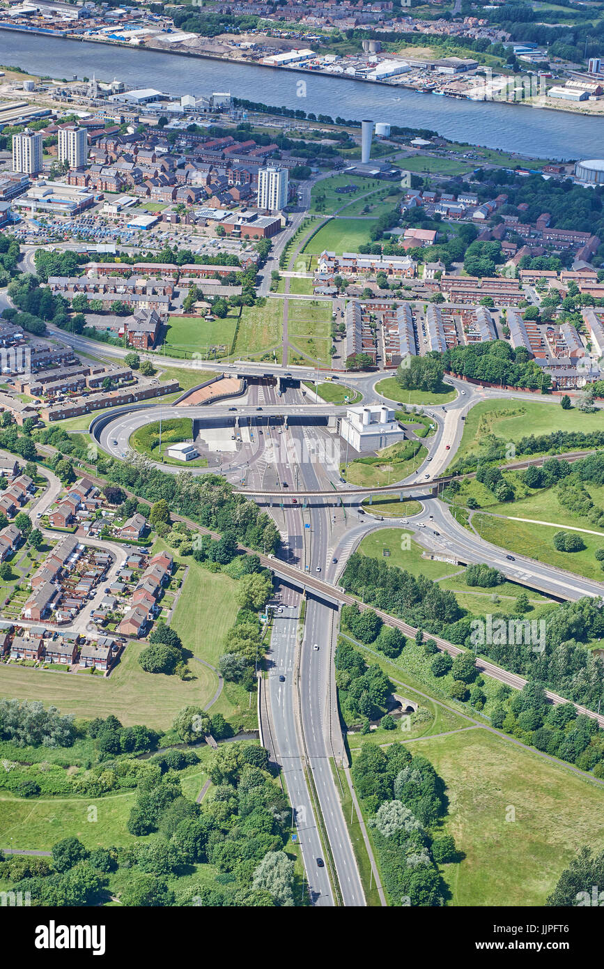 Eine Luftaufnahme des Tyne Tunnel Eingang, South Shields, Newcastle Upon Tyne, NE England Stockfoto