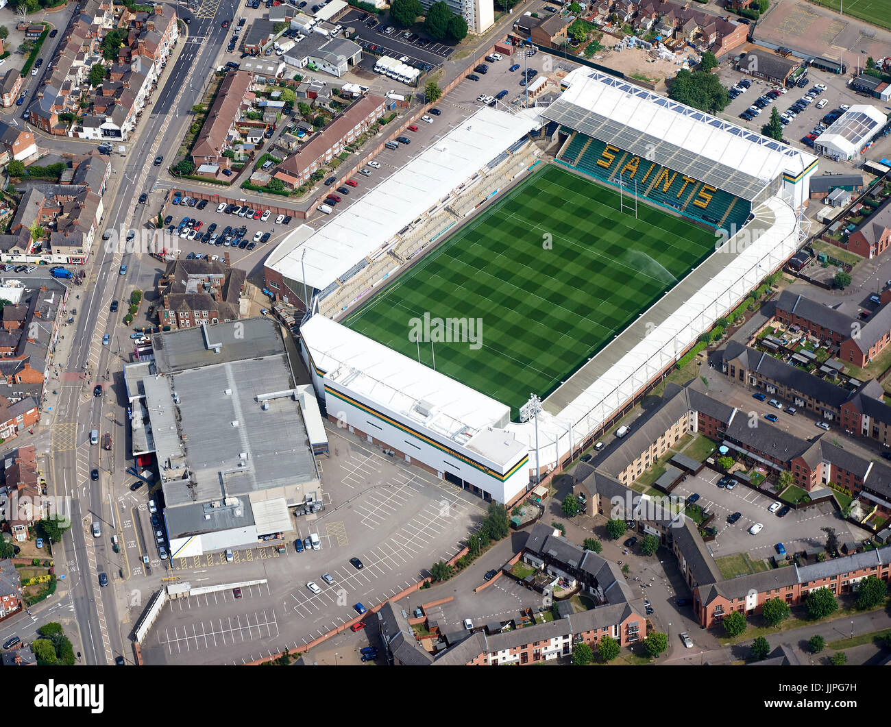 Eine Luftaufnahme von Northampton Saints Rugby Ground, Franklins Gärten, Northamptonshire, UK Stockfoto