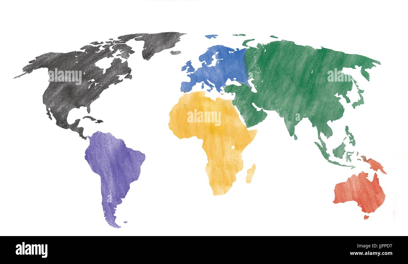 Hand gezeichnet Aussehen einer Weltkarte mit farbigen Kontinenten. Stockfoto