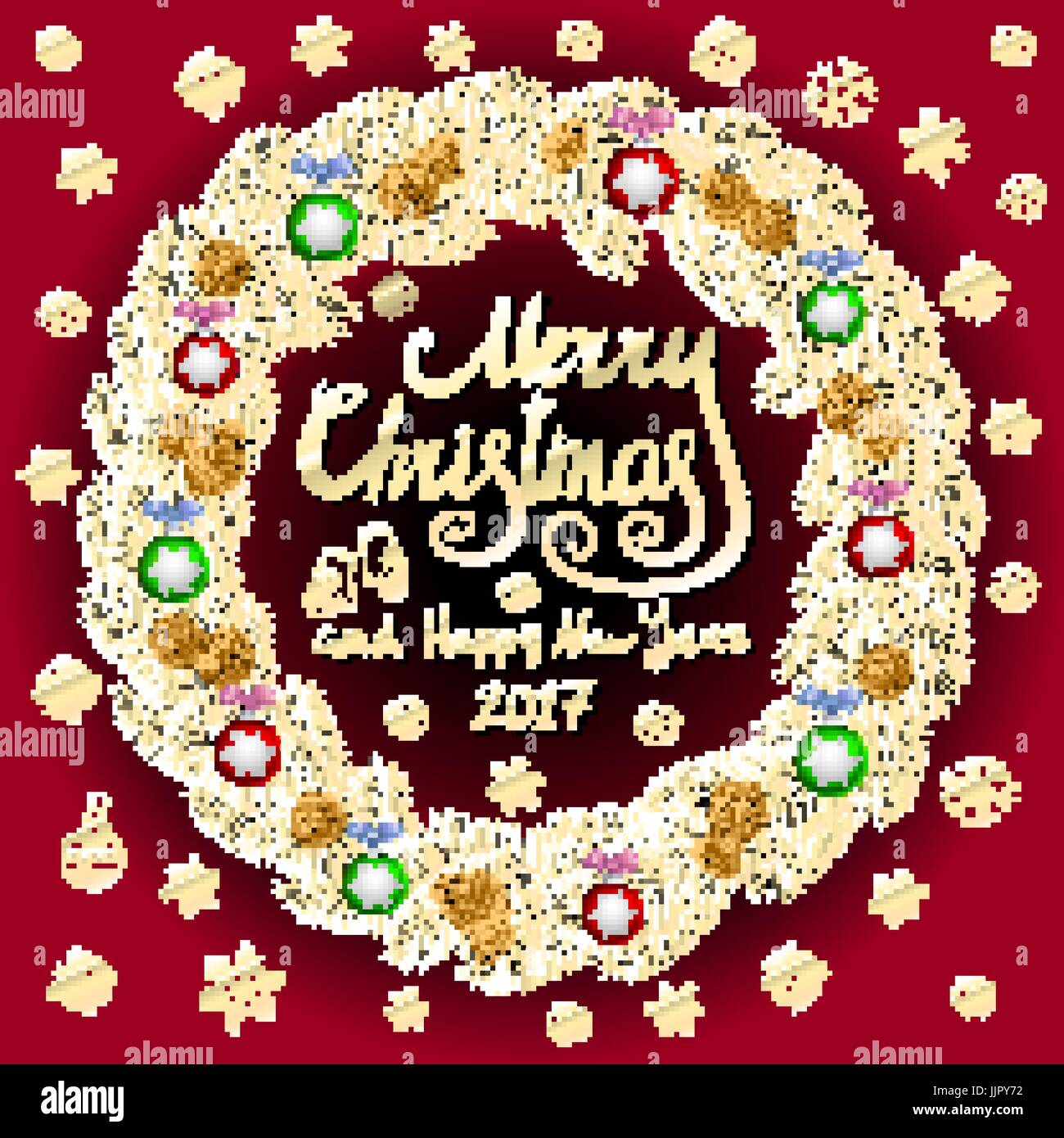 Frohe Weihnachten und Happy New Year 2017 Vintage roten Hintergrund mit Typografie-Karte mit gold Adventskranz. Vektor-Illustration. Kunst Stock Vektor