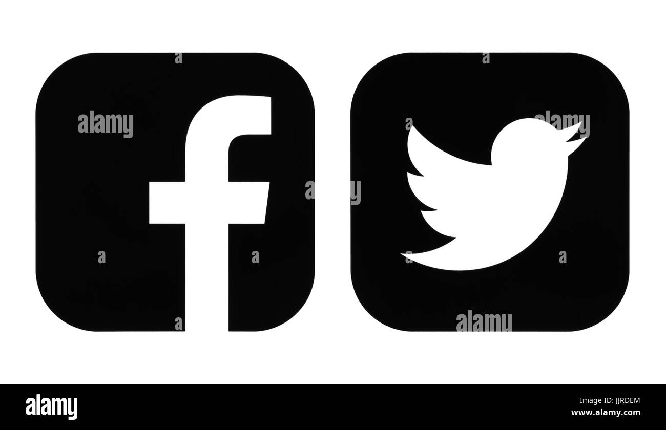 Kiew, Ukraine - November 26, 2016: Facebook und Twitter schwarze Symbole auf weißem Papier gedruckt Stockfoto