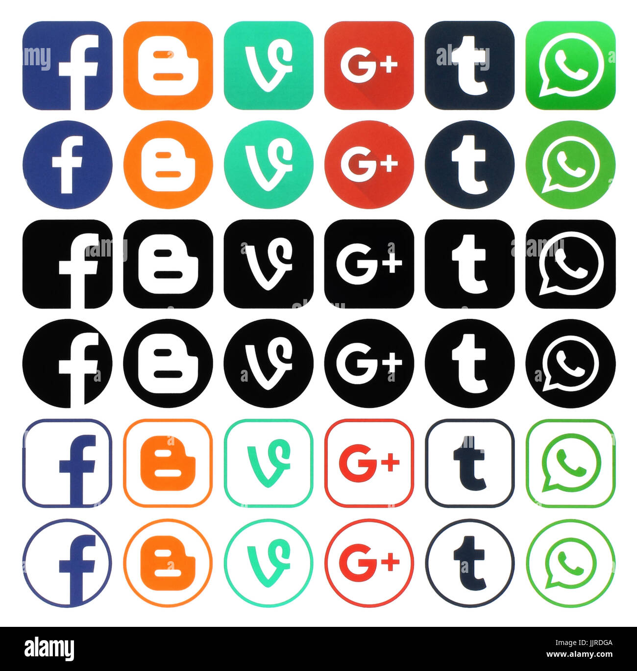 Kiew, Ukraine - Dezember 10, 2016: Sammlung von verschiedenen beliebten Social Media Icons auf weißem Papier gedruckt: Facebook, Blogger, Rebe, Google Plus, Tu Stockfoto