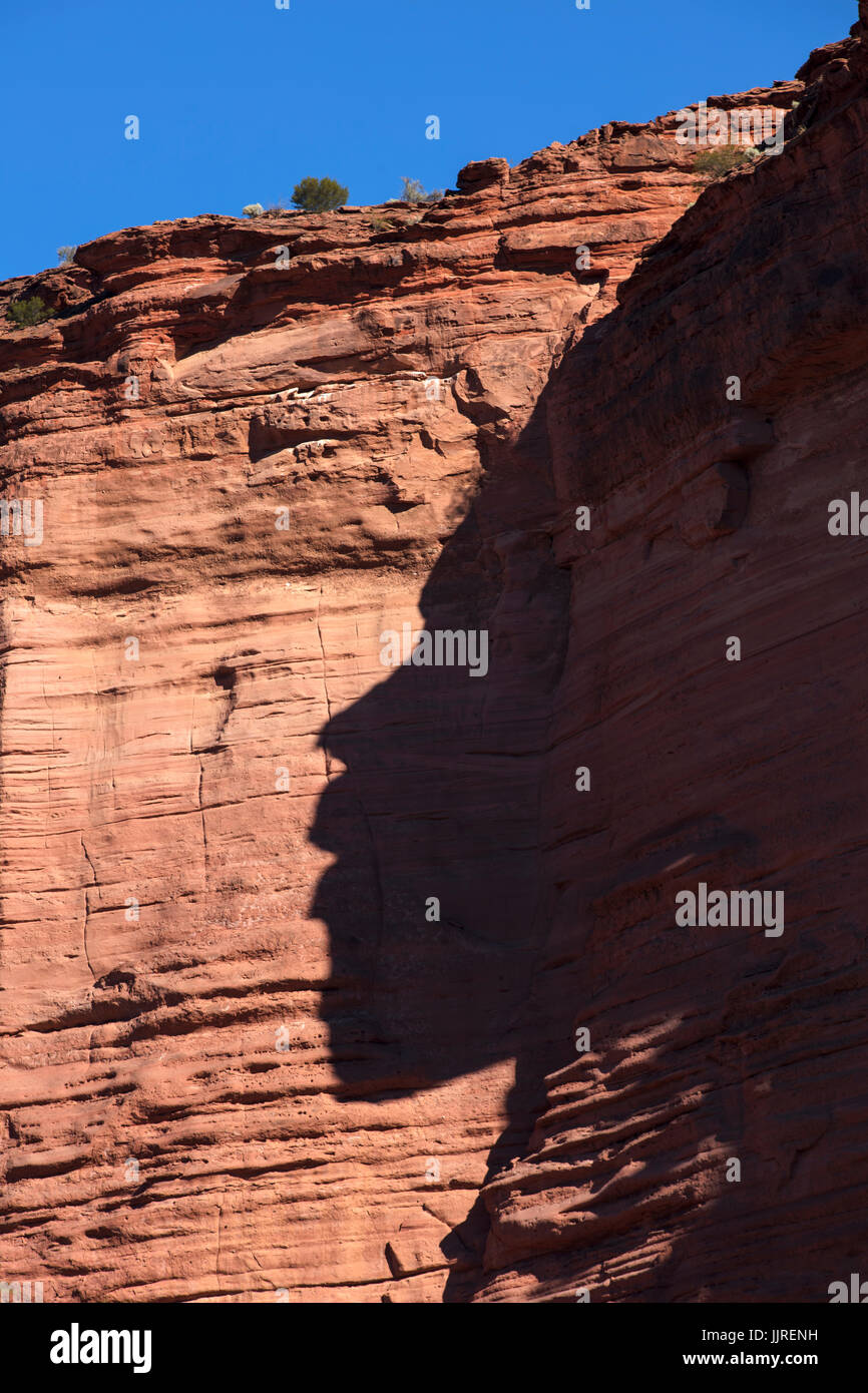Schatten eines Gesichts auf einem Felsen im Talampaya National Park. La Rioja, Argentinien. Stockfoto