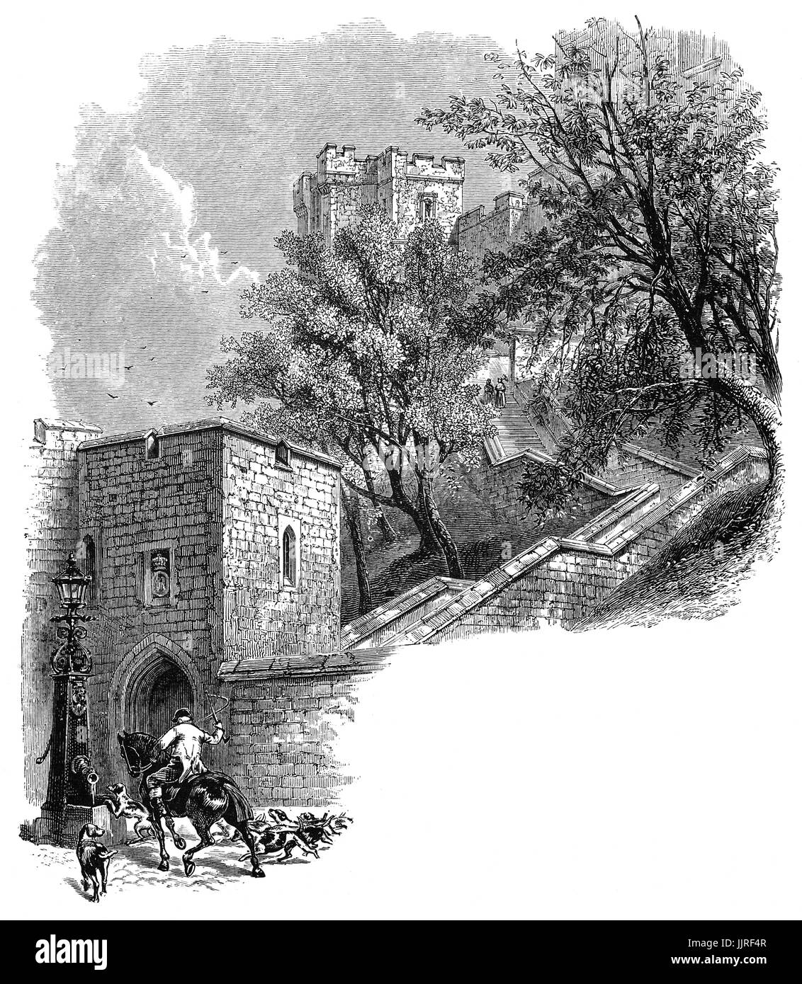 1870: Jäger und Hunde am Fuße der Treppe nach Windsor Castle, Berkshire, England Stockfoto