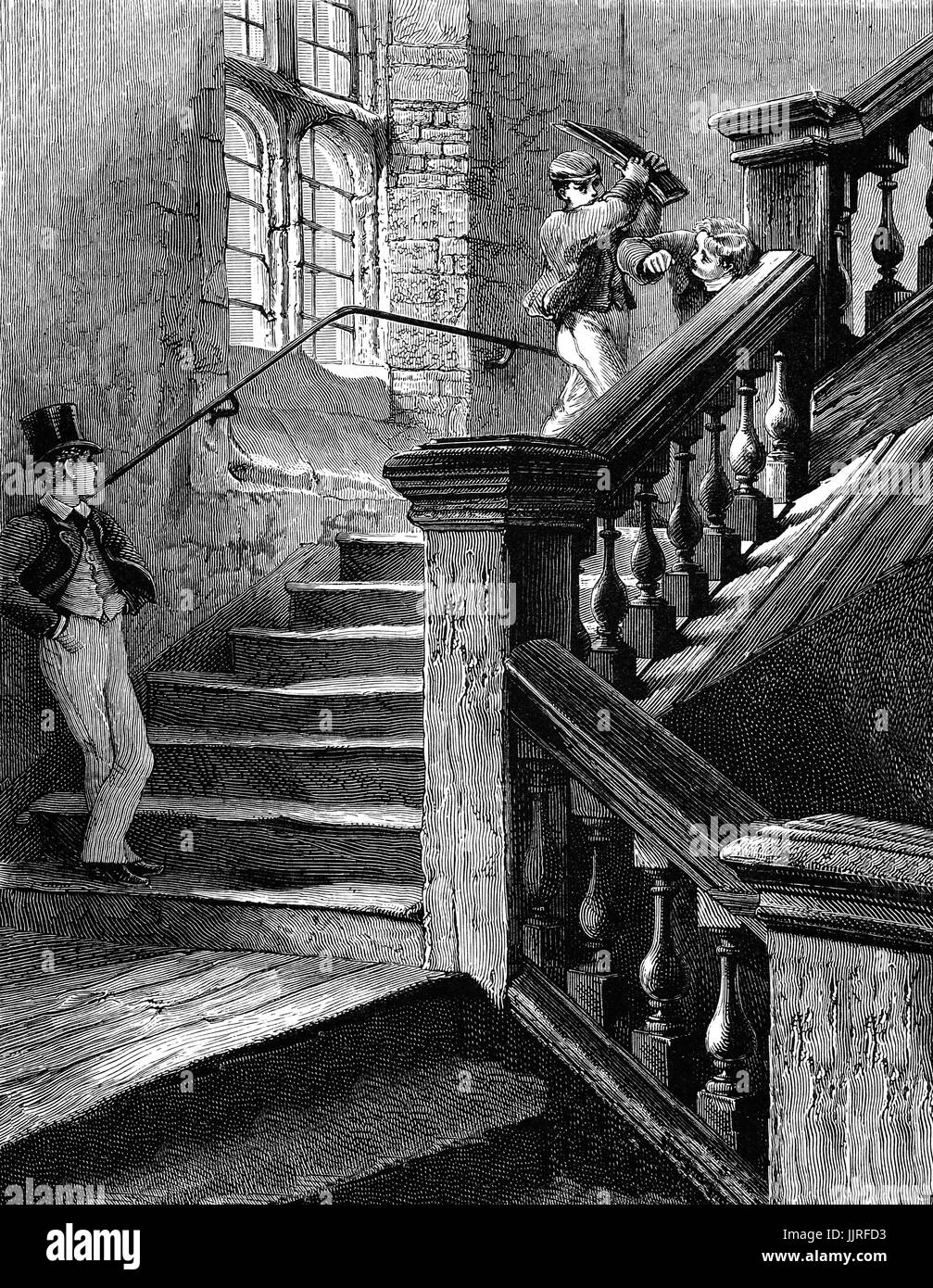 1870: schlecht erzogene jungen auf der Treppe in der Oberstufe am Eton College, einem unabhängigen englischen Internat für Jungen, Eton, Berkshire, in der Nähe von Windsor in England. Stockfoto