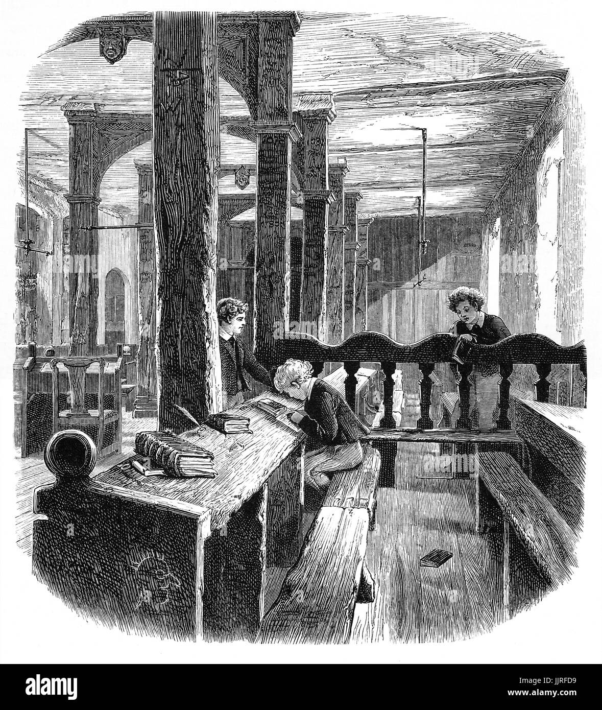 1870: Schüler und Lehrer im Unterricht in der Unterstufe in Eton College, einem unabhängigen englischen Internat für jungen gegründet 1440 von König Henry VI als 'The King College von unserer lieben Frau von Eton neben Wyndsor', Eton, Berkshire, in der Nähe von Windsor in England. Stockfoto