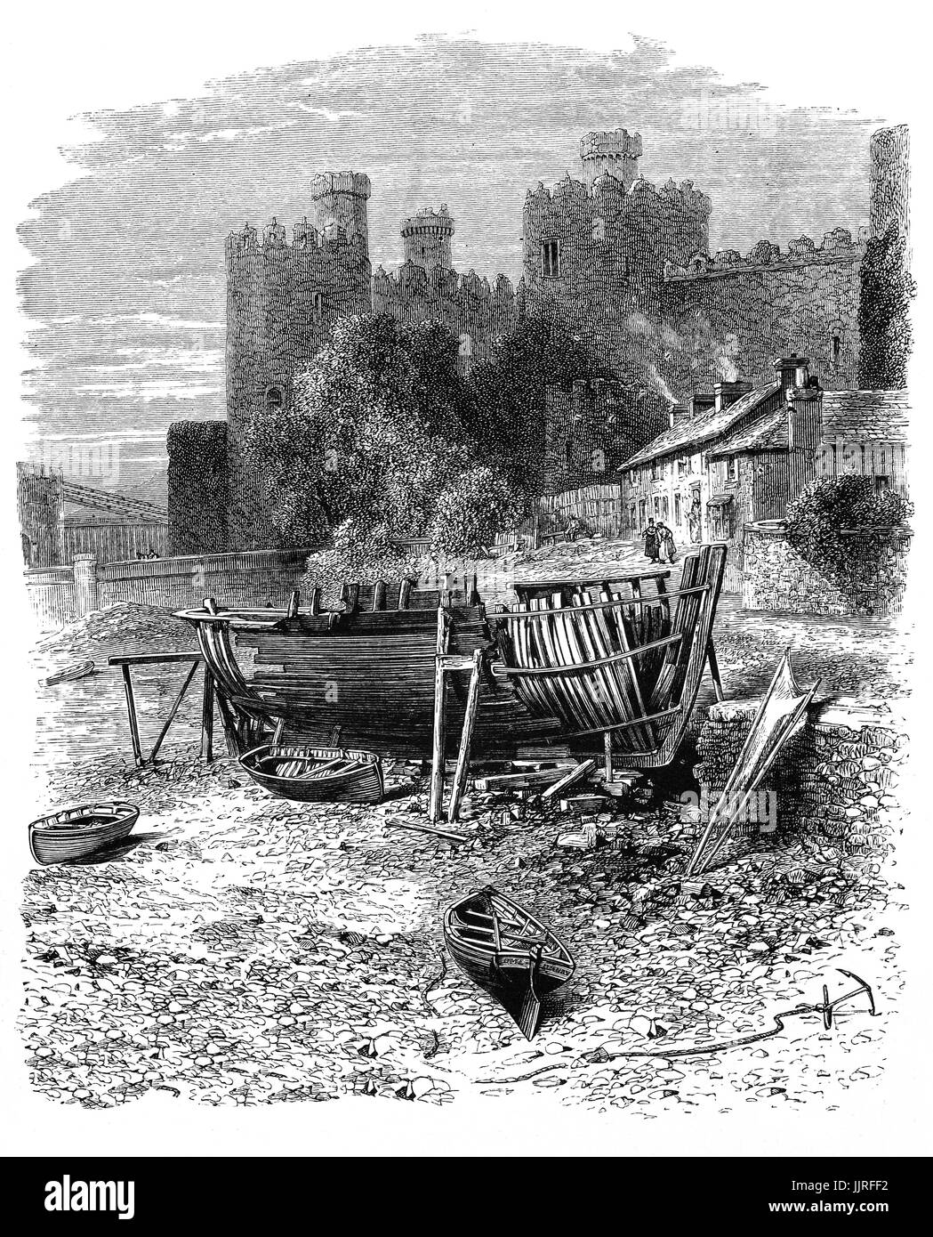 1870: Conway oder Conwy Castle ist eine mittelalterliche Festung in Conwy, an der Nordküste von Wales. Es wurde von Edward i. erbaut, während der Eroberung von Wales, zwischen 1283 und 1289.Clwyd, Nordwales. Es ist jetzt ein UNESCO-Weltkulturerbe. Stockfoto
