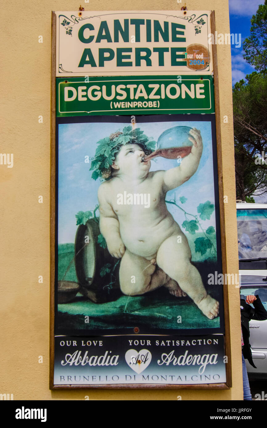 Alten Wein Plakat mit ein wenig Engel trinken Wein Szenen aus der Toskana, Italien Stockfoto