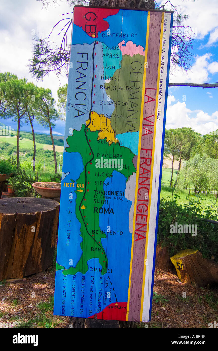 Alte Karte von Camino La via Farncigena von Brindisi nach Canterbury Stockfoto
