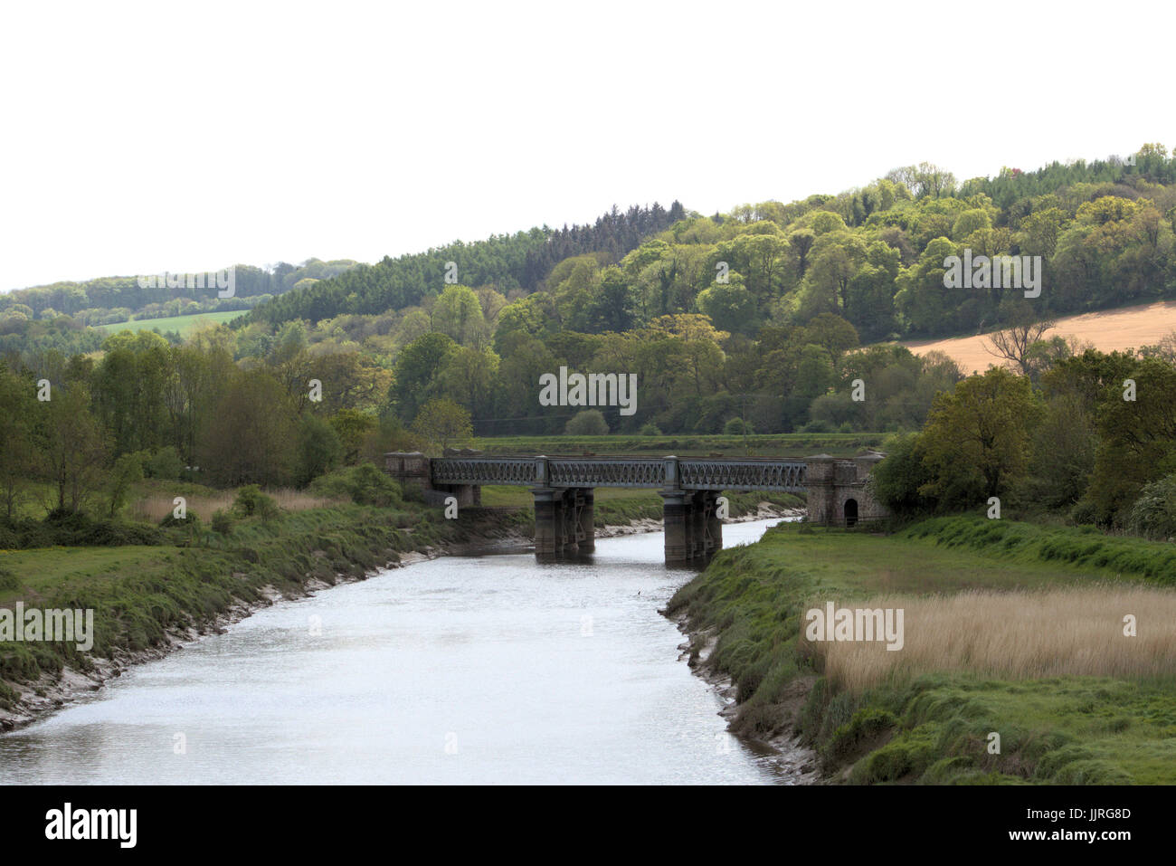 Eisenbahnbrücke über die Tarka Bahnlinie über den Fluß Taw, in der Nähe von Barnstaple, Devon, UK. Stockfoto