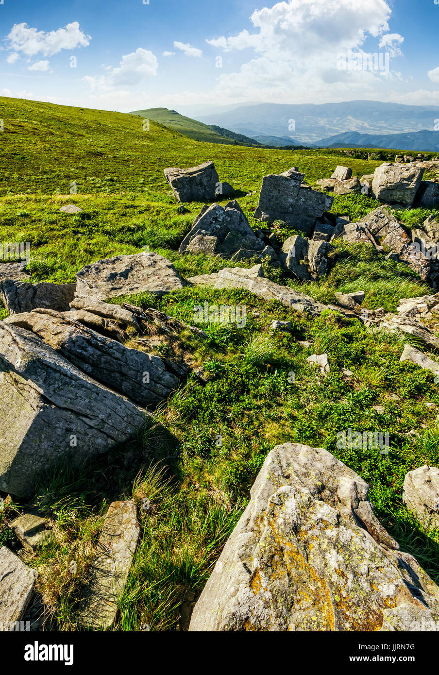 Wiese mit riesigen Felsbrocken auf der Piste. Bergrücken an einem schönen sonnigen Sommertag. wunderbare Landschaft der Karpaten Stockfoto