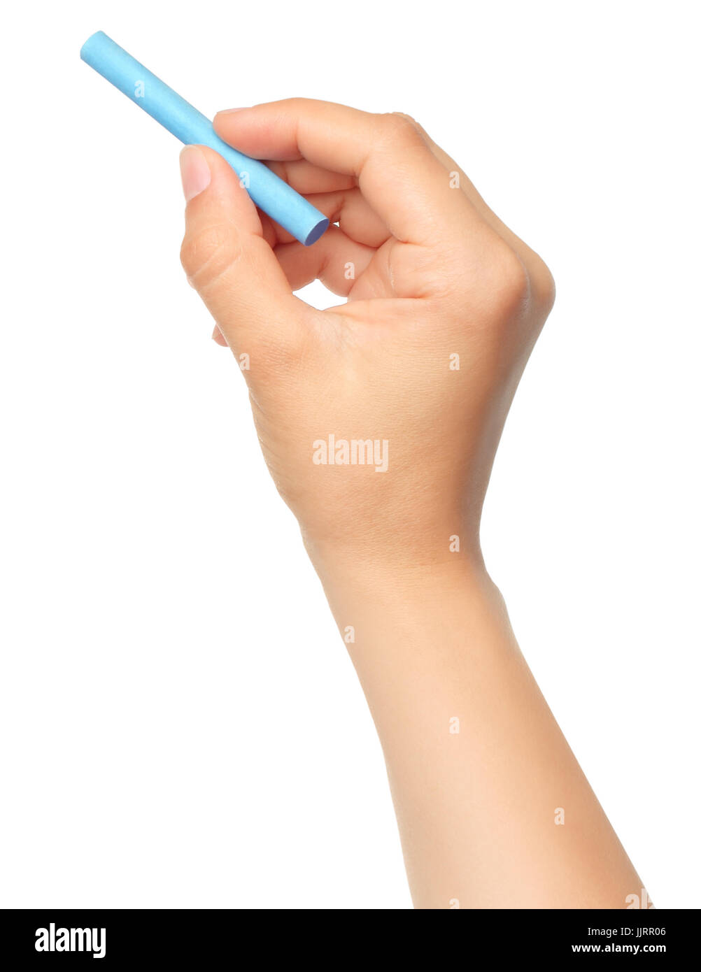 Hand mit Kreide auf weißem Hintergrund Stockfoto