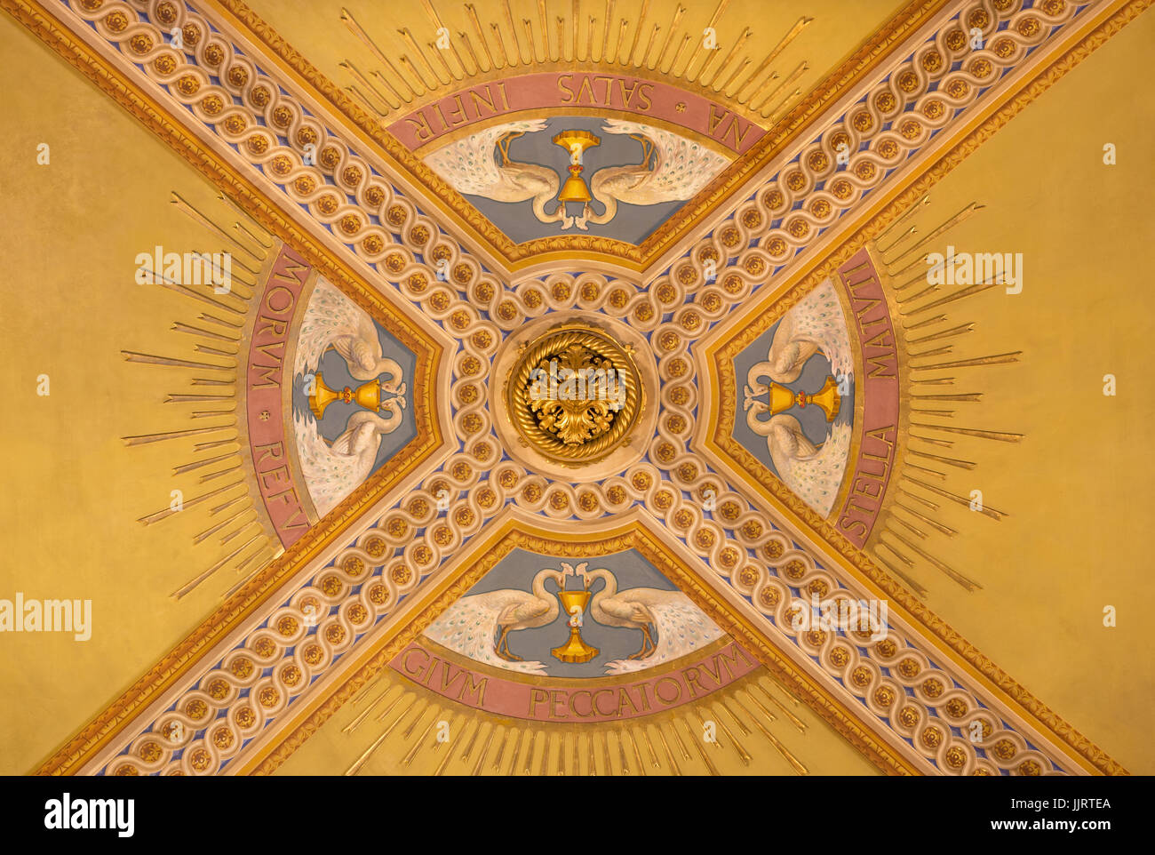 TURIN, Italien - 15. März 2017: Das Detail der symbolischen Fresko an der Decke in der Kirche Basilika Maria Ausiliatrice von unbekannten Künstler des 19. Jhdt. Stockfoto