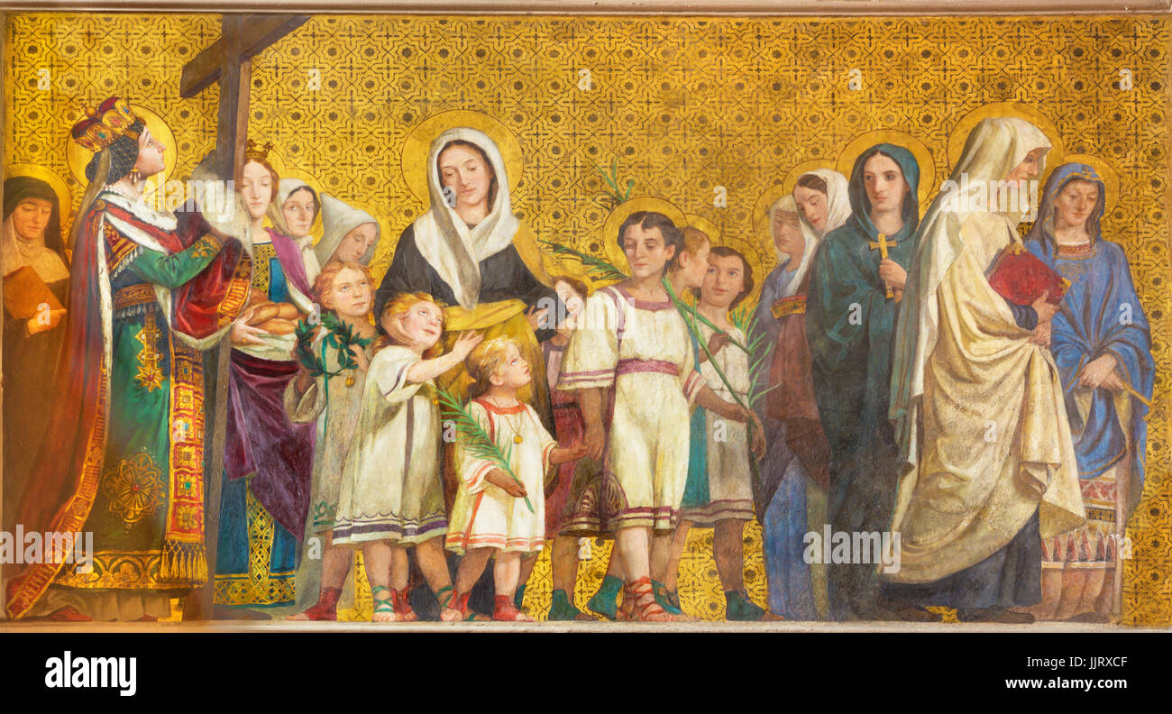 TURIN, Italien - 15. März 2017: Der symbolische Fresko des Heiligen Ehefrauen und Witwen in der Kirche Chiesa di San Dalmazzo von Enrico Reffo (1831 – 1917). Stockfoto