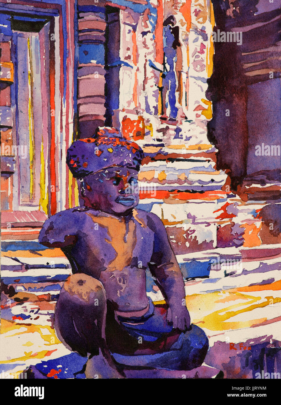 Aquarell der Statue an Khmer Ruinen des Tempels Banteay Srei am UNESCO-Welterbe Ruinen von Angkor Wat und Kambodscha Stockfoto