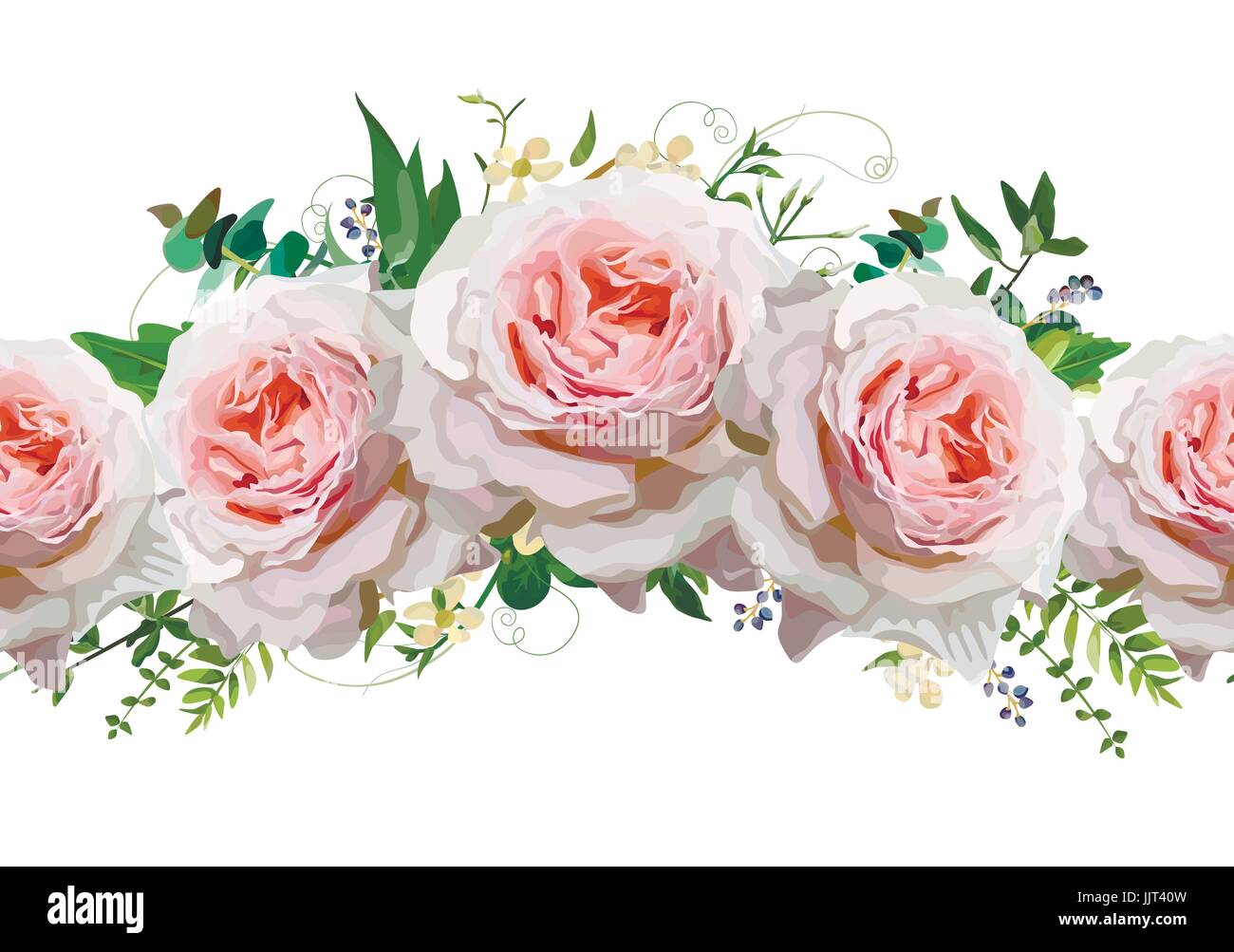 Nahtlose Muster rose Strauß Blumen Kranz Grenze Vektor Rahmendesign. Pfirsich-rosa Rosen Eukalyptus blau Liguster Beeren Pflanze Mix. Schönen Gruß fl Stock Vektor