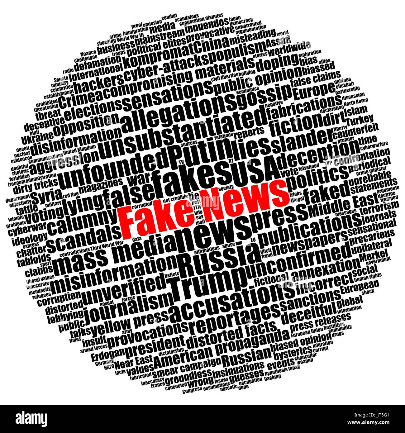 Schwarzer Text mit roten gefälschte Nachrichten in Runde kreisförmige Wortwolke isoliert auf weiss Stockfoto