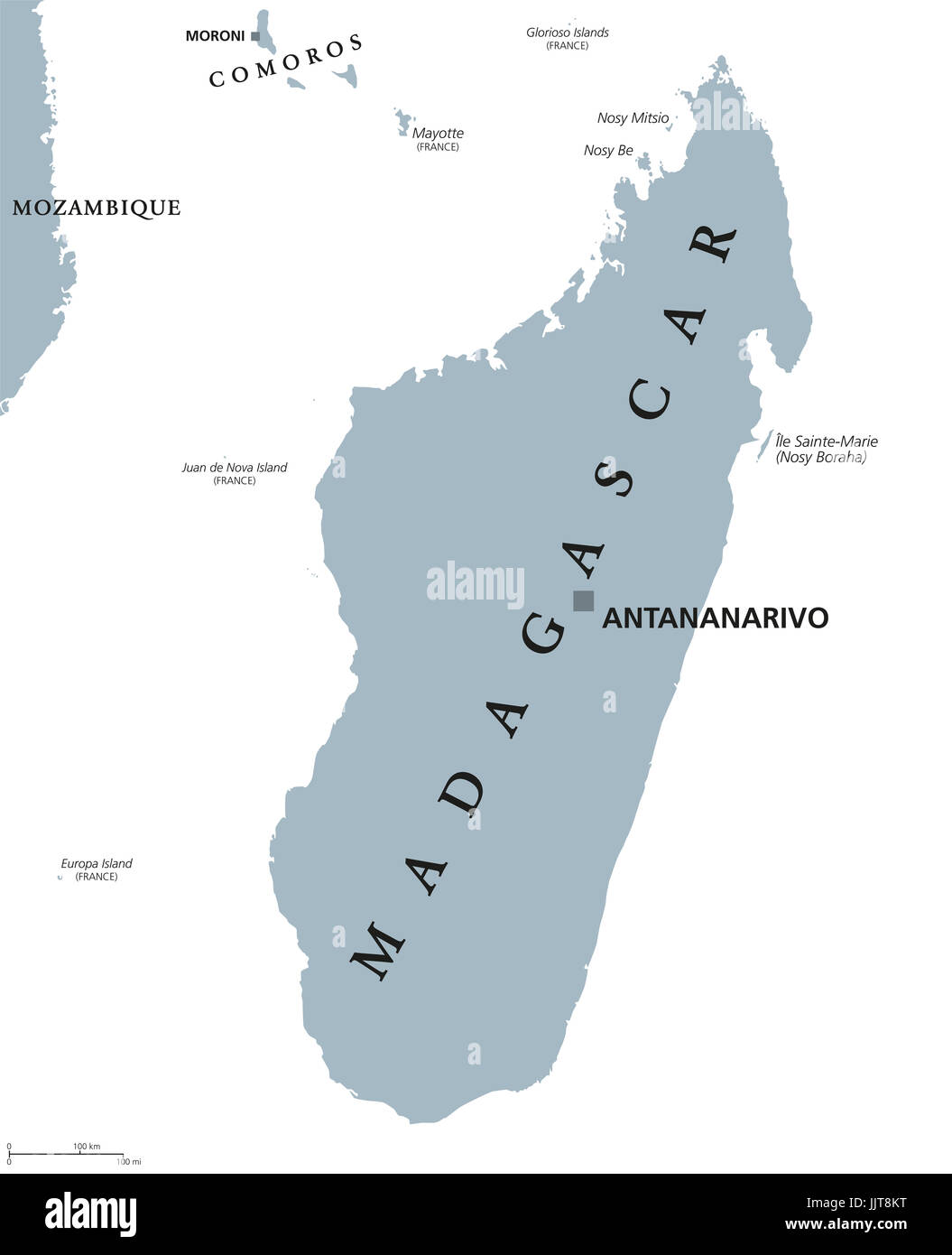 Madagaskar politische Karte mit Hauptstadt Antananarivo. Republik und Insel Land im Indischen Ozean. Ehemalige madagassische Republik. Graue Abbildung. Stockfoto