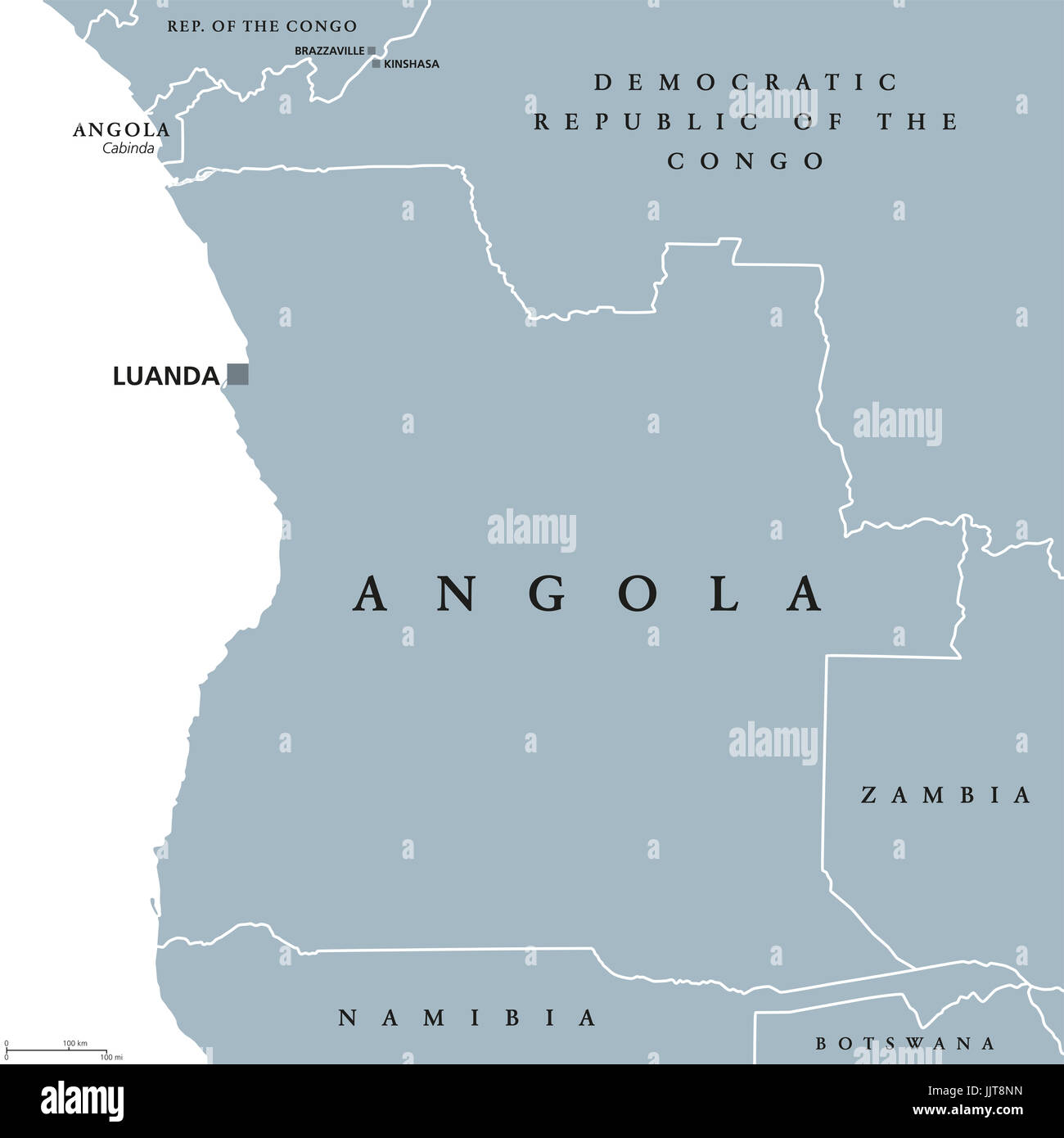 Angola politische Karte mit Hauptstadt Luanda und Exklave Cabinda. Republik und Land im südlichen Afrika am Atlantik. Graue Abbildung. Stockfoto