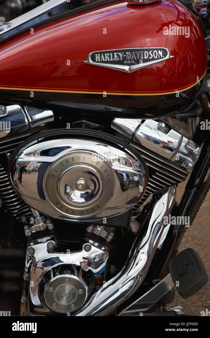Nahaufnahme von einer Harley-Davidson Road King bei einem Biker Rallye, Schlossplatz, Ludlow, Shropshire, England, UK Stockfoto