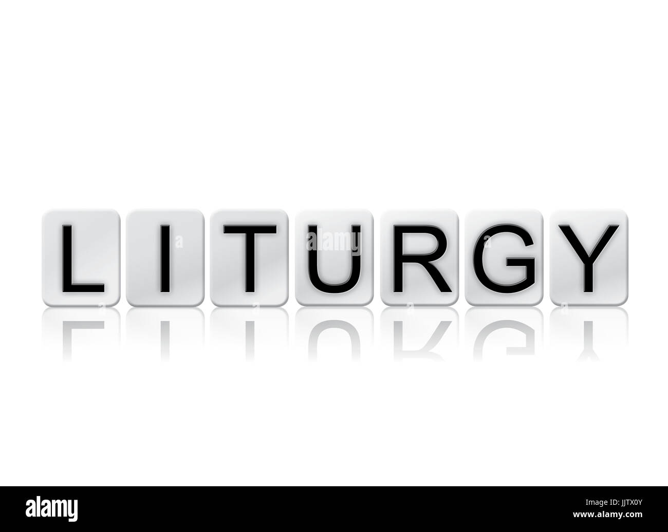 Das Wort Liturgie Konzept und Thema geschrieben in weißen Fliesen und isoliert auf einem weißen Hintergrund. Stockfoto