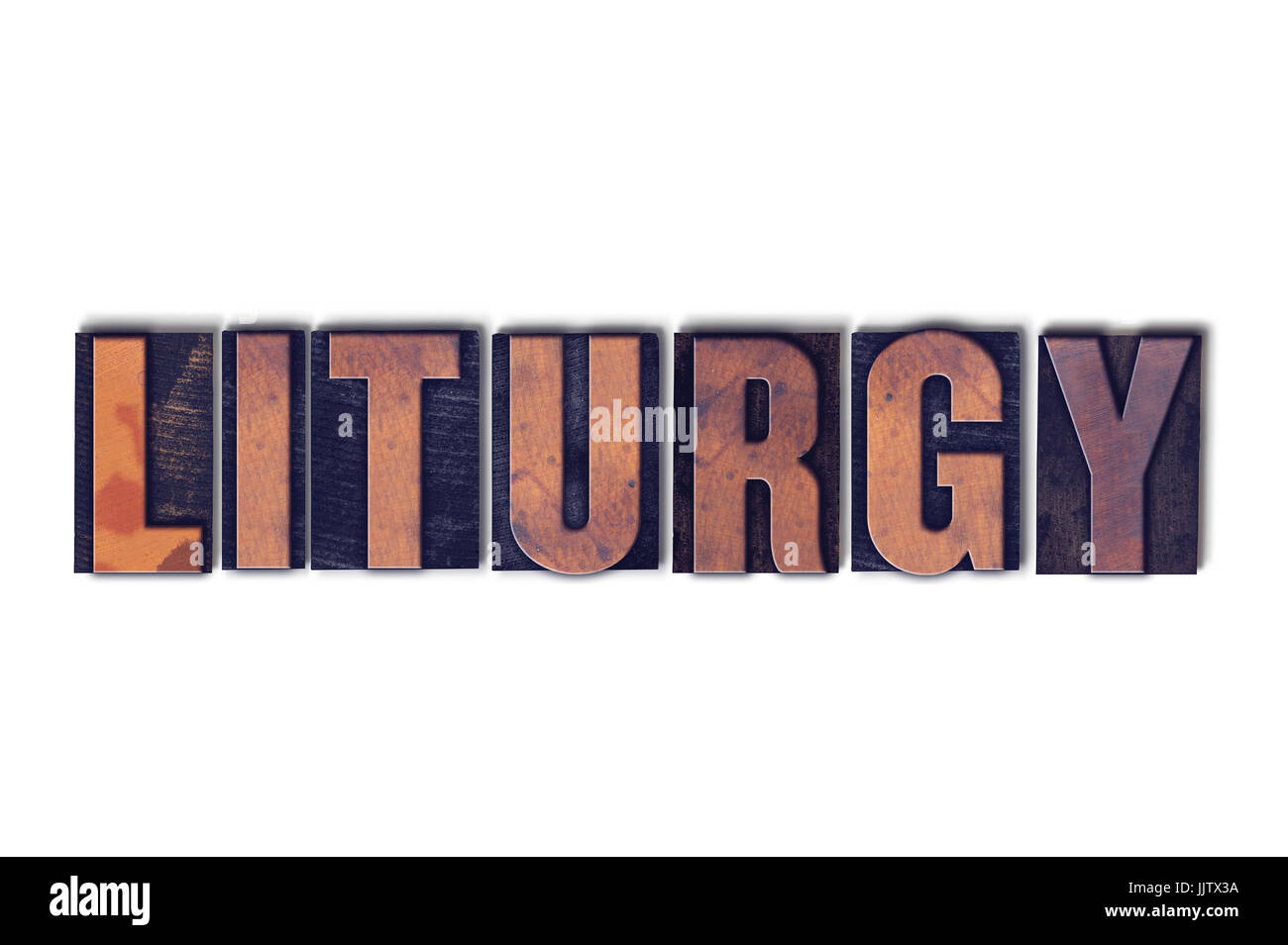 Das Wort Liturgie Konzept und Thema geschrieben in Vintage Holz Buchdruck Typ auf einem weißen Hintergrund. Stockfoto