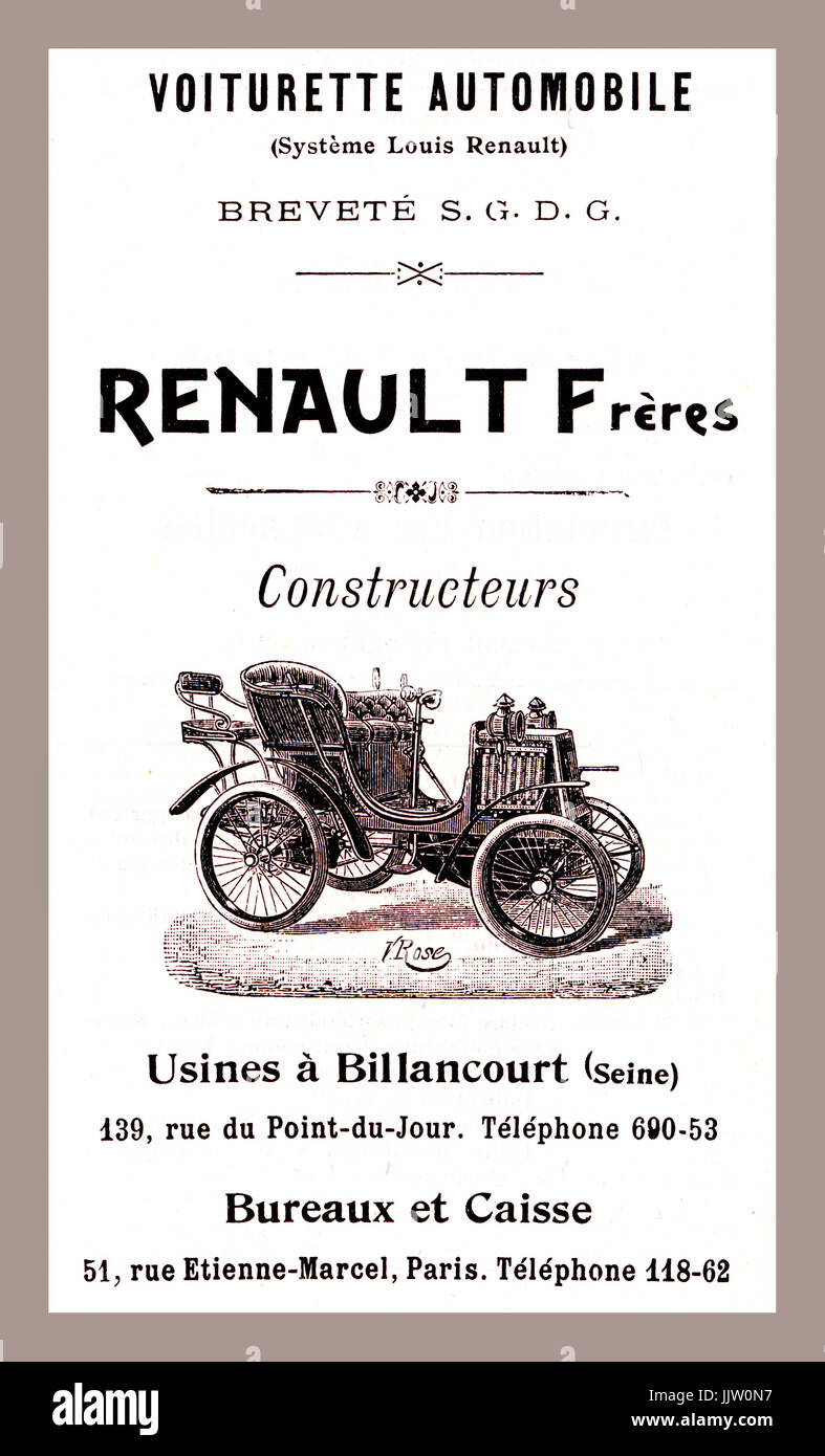 Automobile 'RENAULT Freres constructeurs" Jahr 1900 Seite Werbung in der ersten Edition Guide Michelin für frühe Renault Frères Kraftfahrzeuge Stockfoto