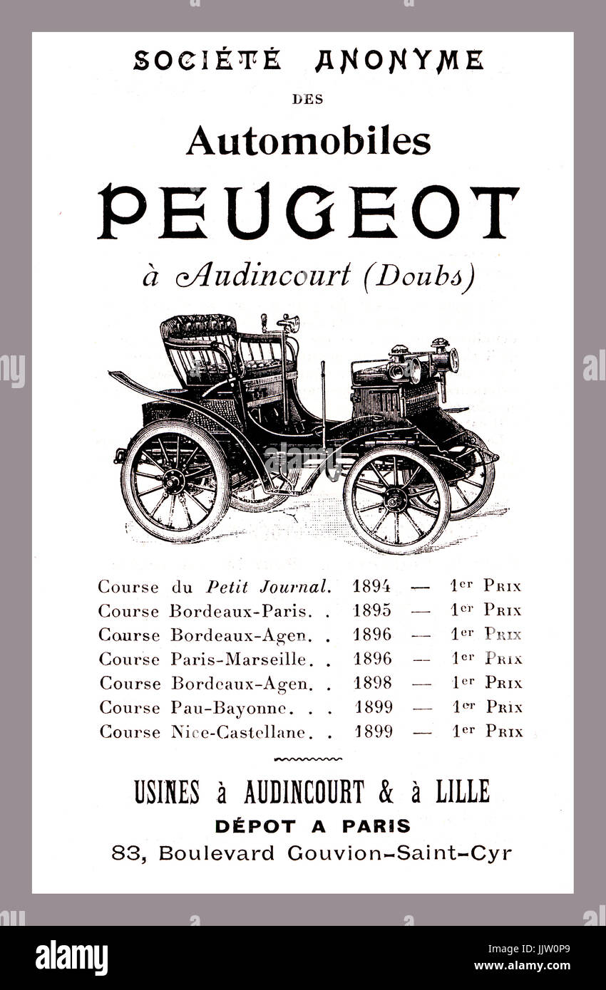 VETERAN PEUGEOT AUTO Jahr 1900 Anzeigenseite in ersten vergibt je Guide Michelin für frühe "Automobiles Peugeot" mit Preis im französischen Straße Kurse. Stockfoto