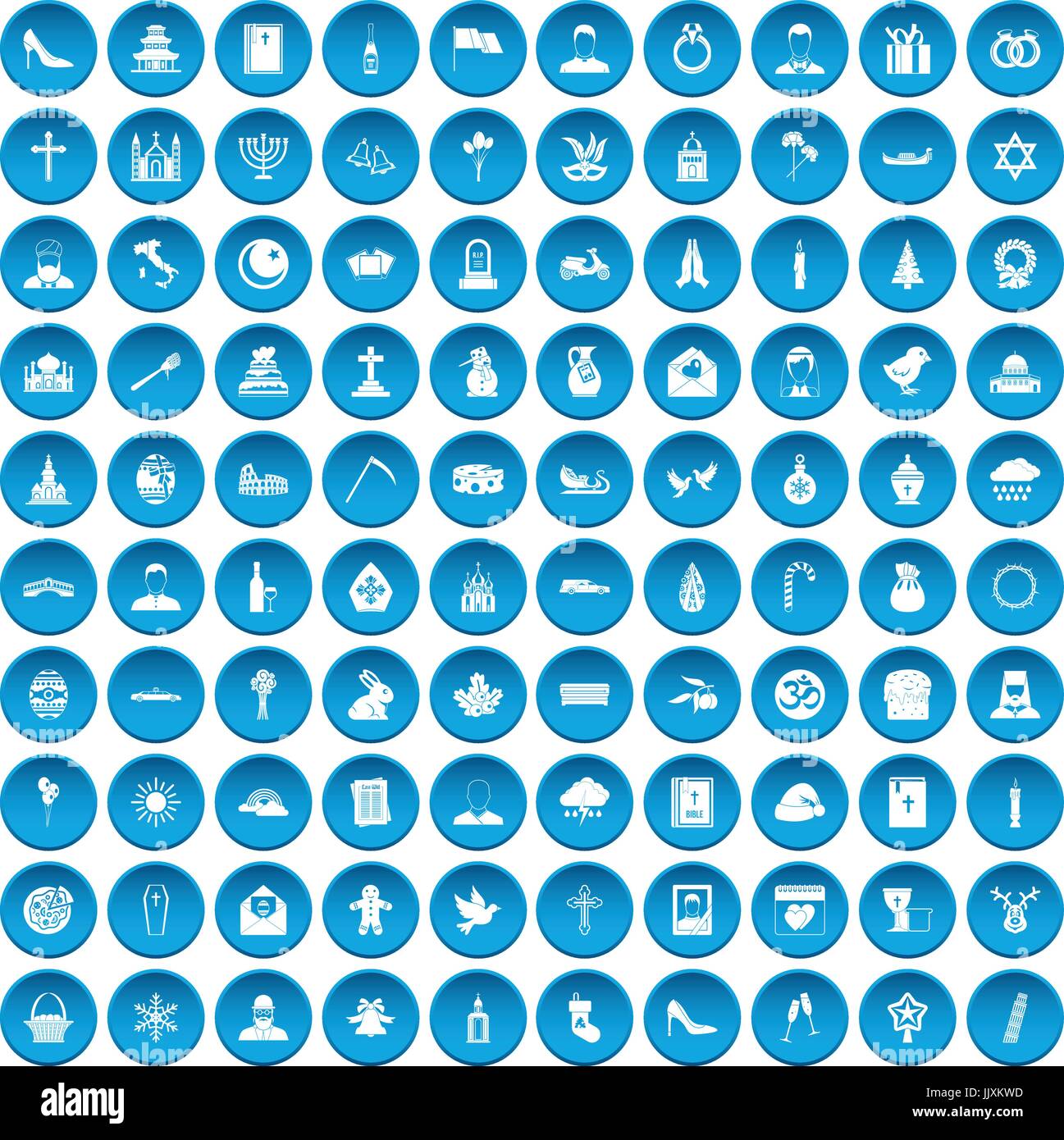 100 Kirche Icons set blau Stock Vektor