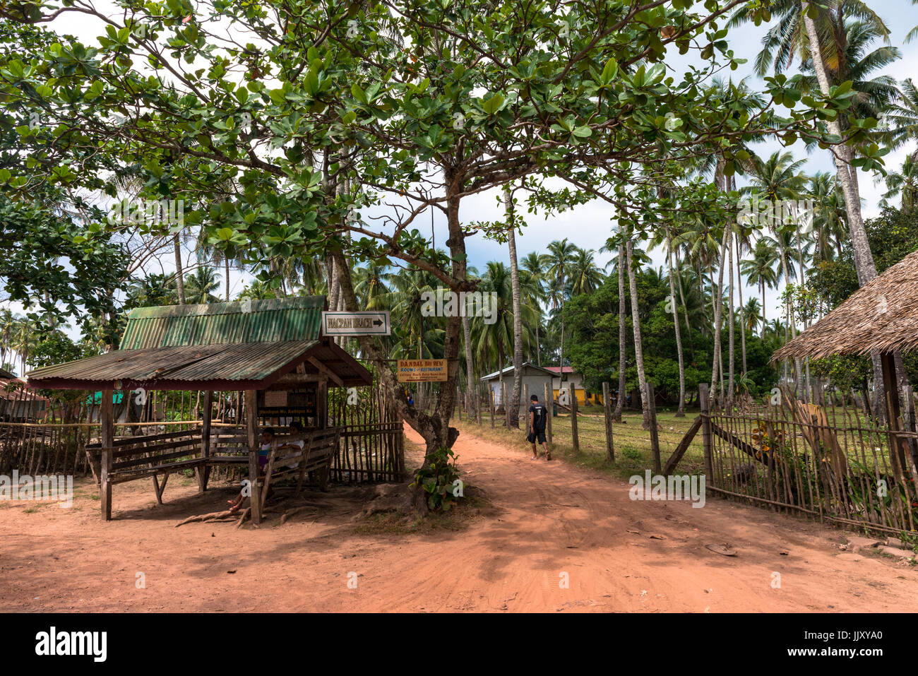EL NIDO, PALAWAN, Philippinen - 20. Januar 2017: auf dem Weg zum Nacpan Strand. Tropische Vegetation und eine Straße in El Nido. Stockfoto