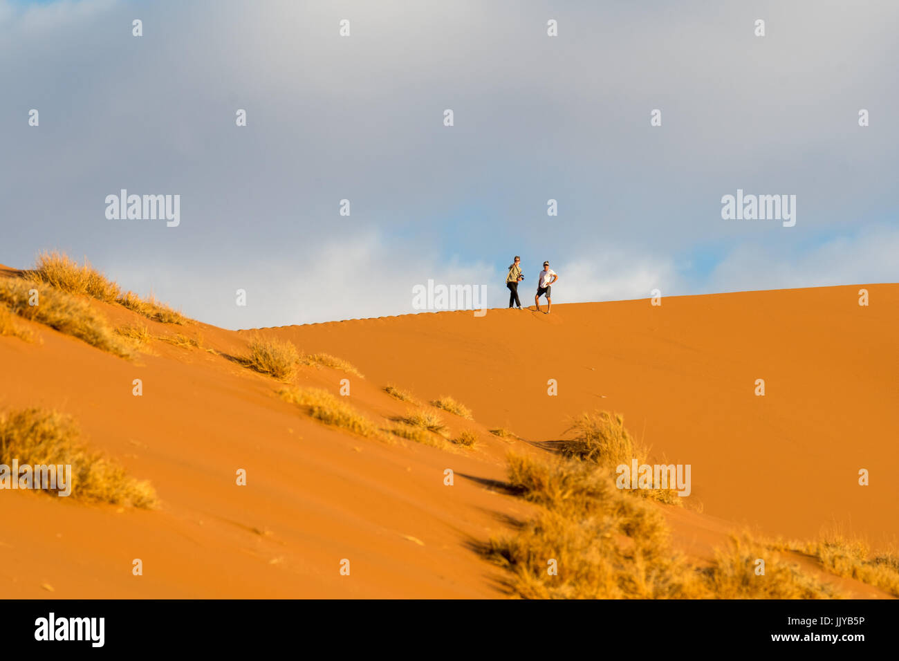 Touristen stehen oben auf der Düne 45, befindet sich über 170 Meter hoch, in den Soussuvlei Salzpfanne in Namib-Naukluft Nationalpark in Namibia, Afrika. Stockfoto