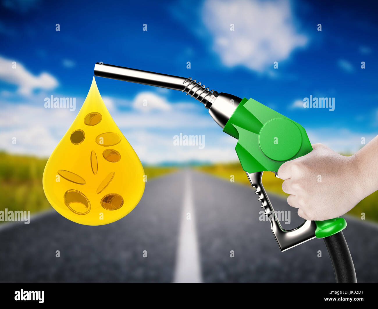 Hand mit Gas-Pumpe-Düse mit Öl Tropfen und Gold Münzen Stockfoto