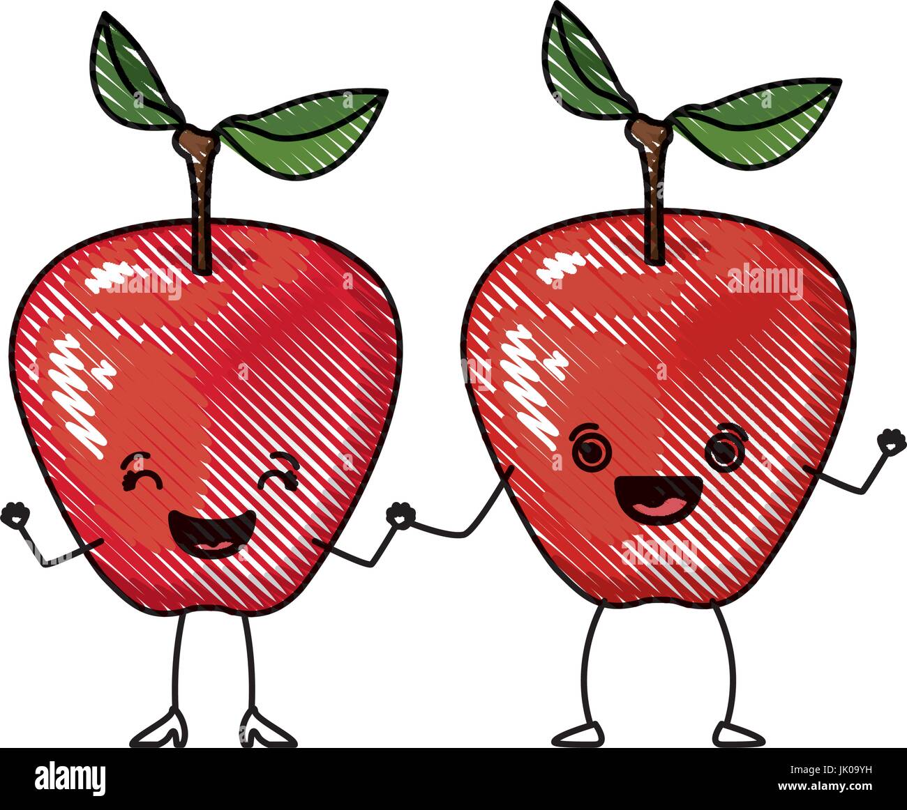 weißen Hintergrund der farbige Kreide Silhouette der realistischen paar Apfel Obst Karikatur Stock Vektor