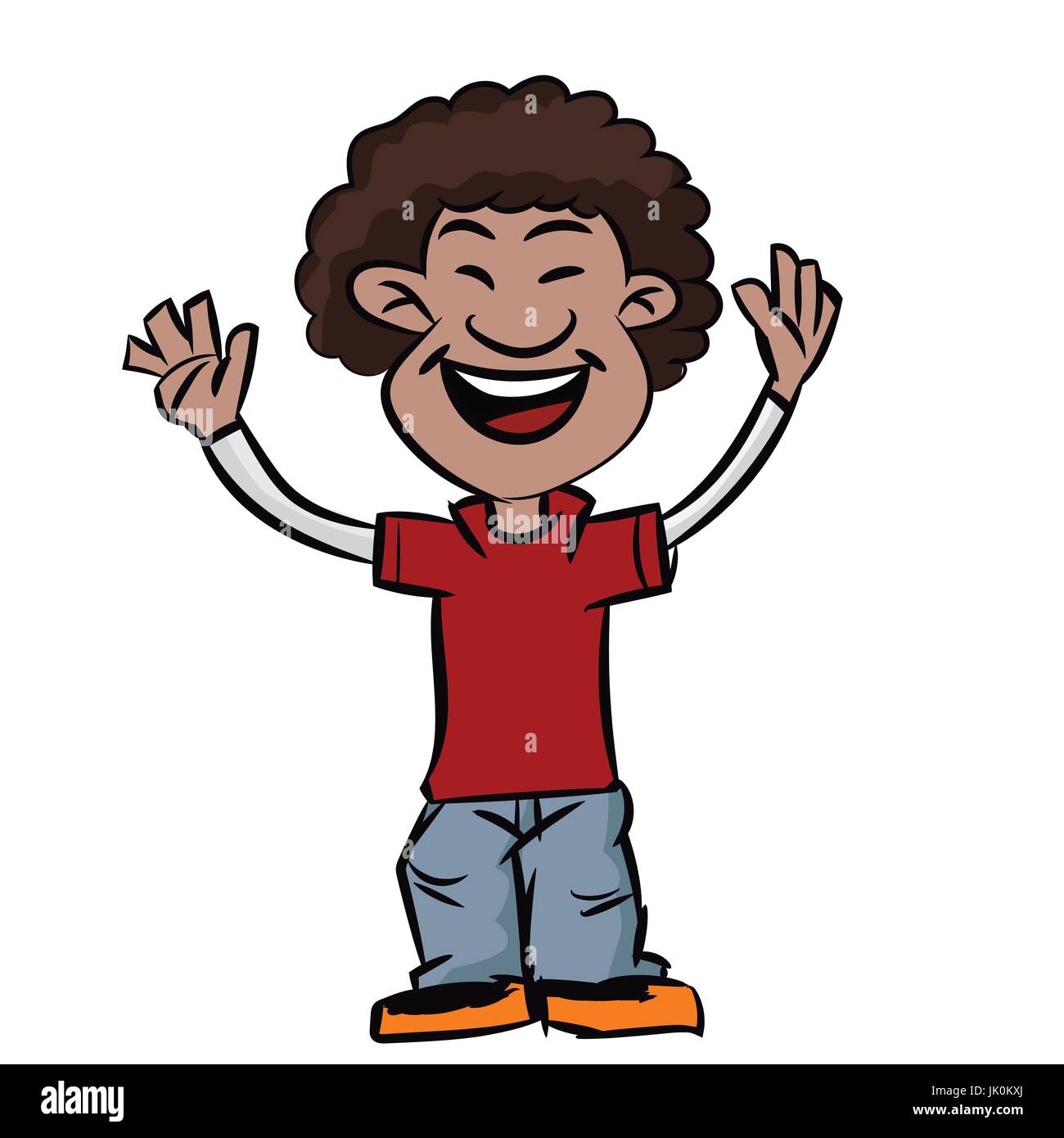 Bunten Cartoon Junge lächelte mit Afro-Frisur, afrikanische Teen machen Hände hoch - Vektor-Illustration. Stock Vektor